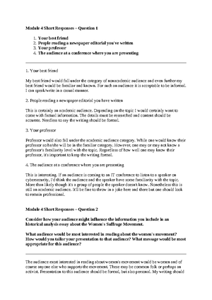Mod 1 Short Responses - Module One: Approaches to History, Learning ...