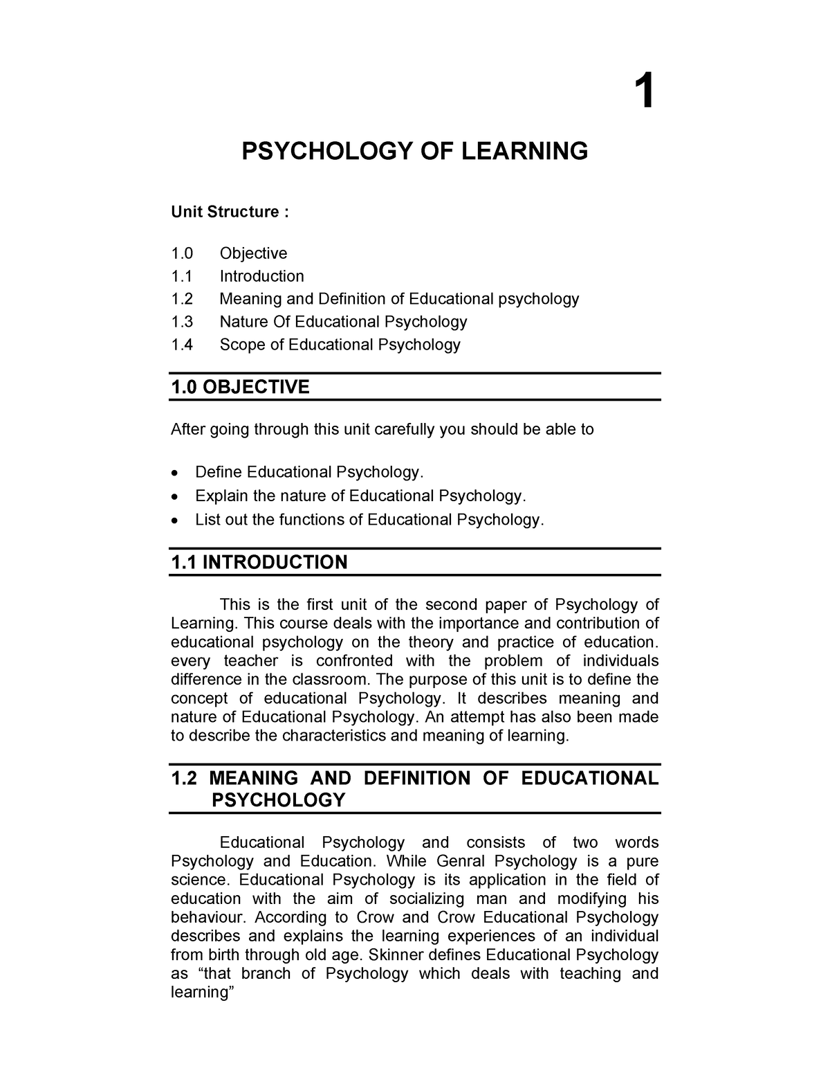 Education Psychology Notes - PSYCHOLOGY OF LEARNING Unit Structure : 1 ...