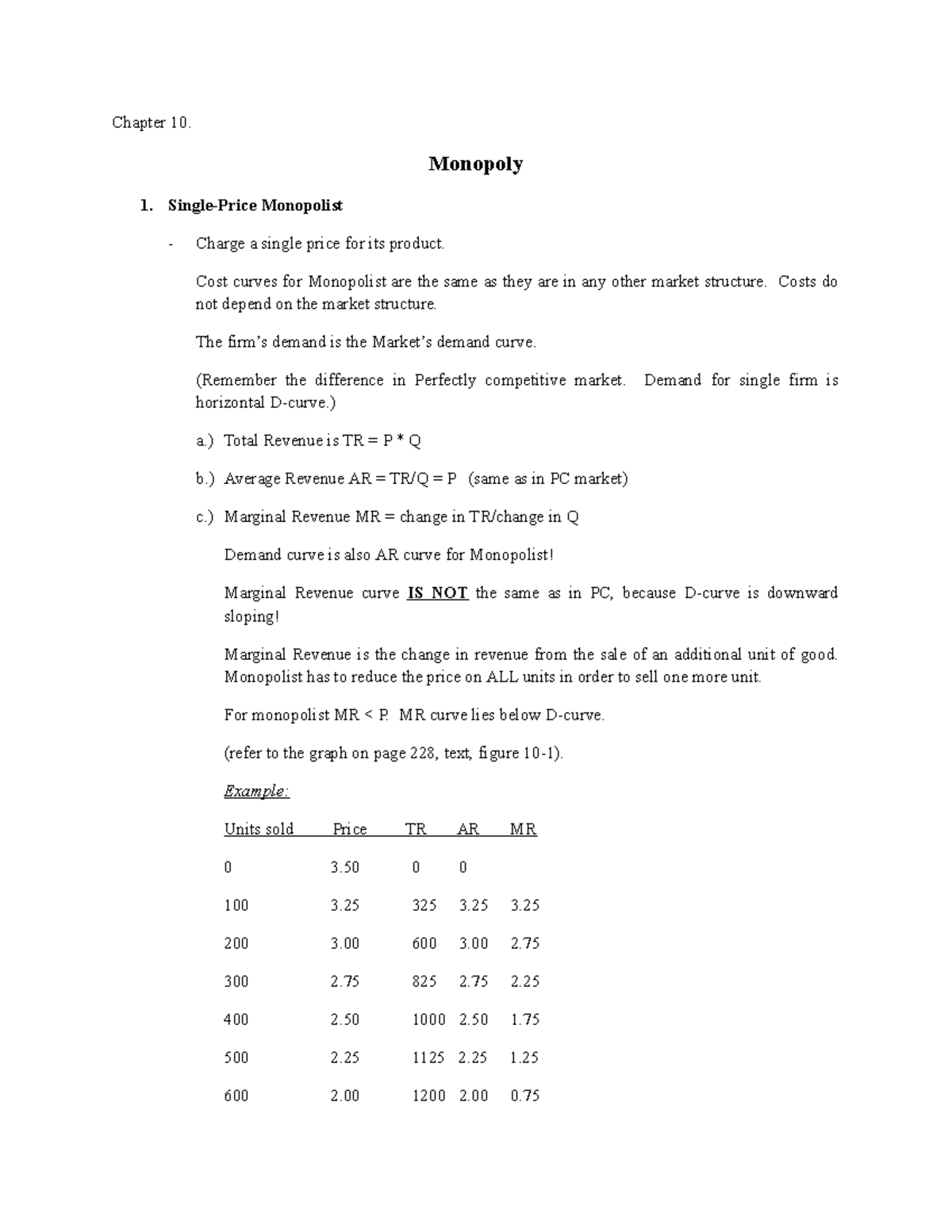 Chapter 10 - econ notes for first year econ 1 - Chapter 10. Monopoly ...