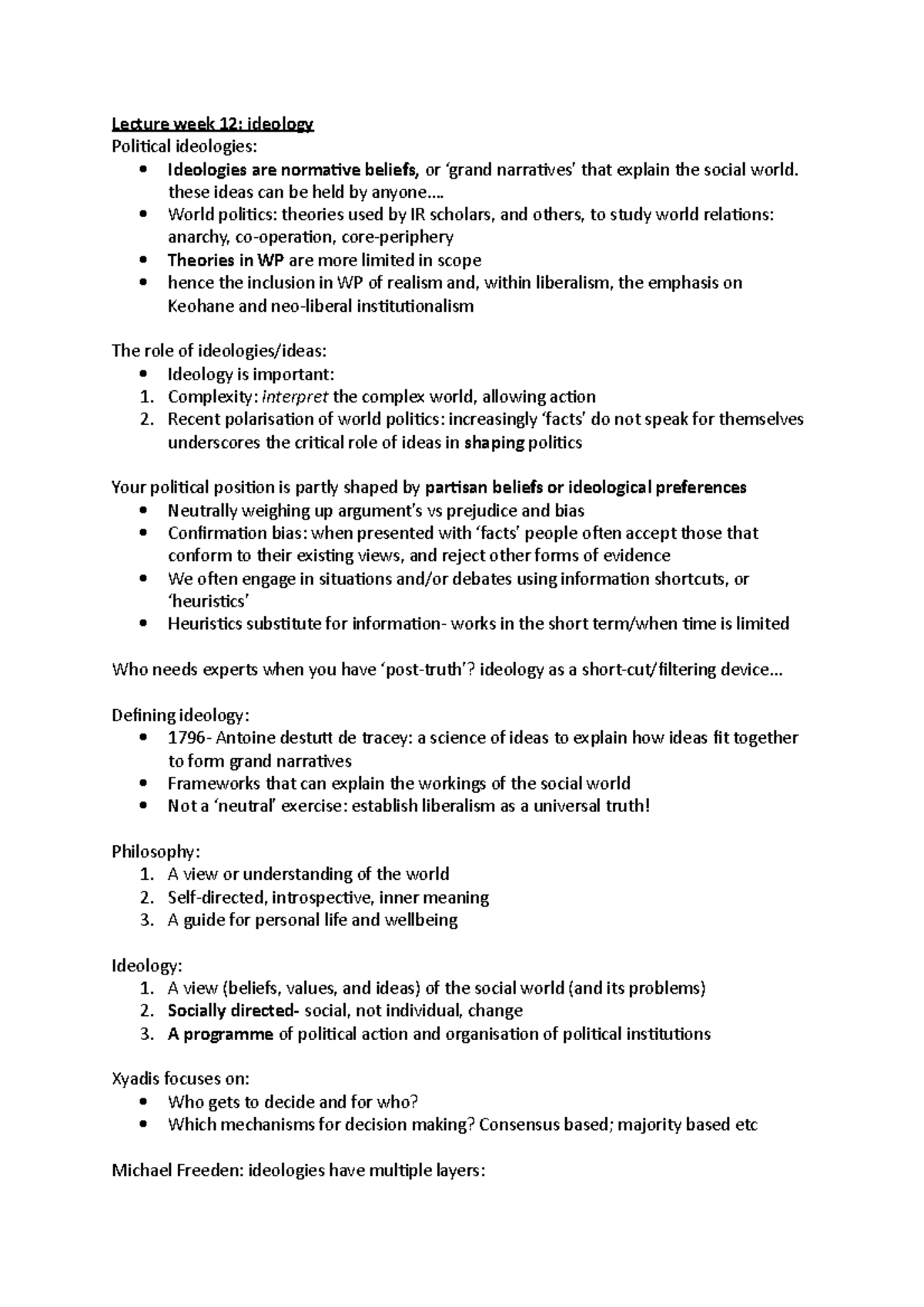 Lecture week 12- ideology notes - Lecture week 12: ideology Political ...