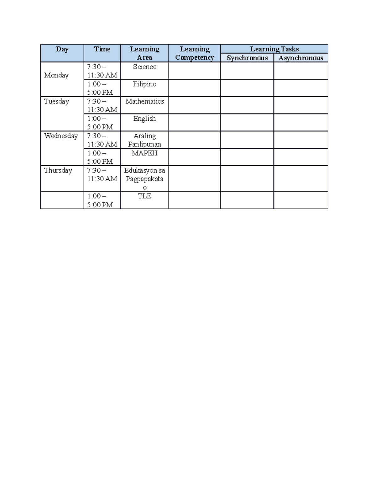 WHLP - Template - DayTimeLearning Area Learning Competency Learning ...