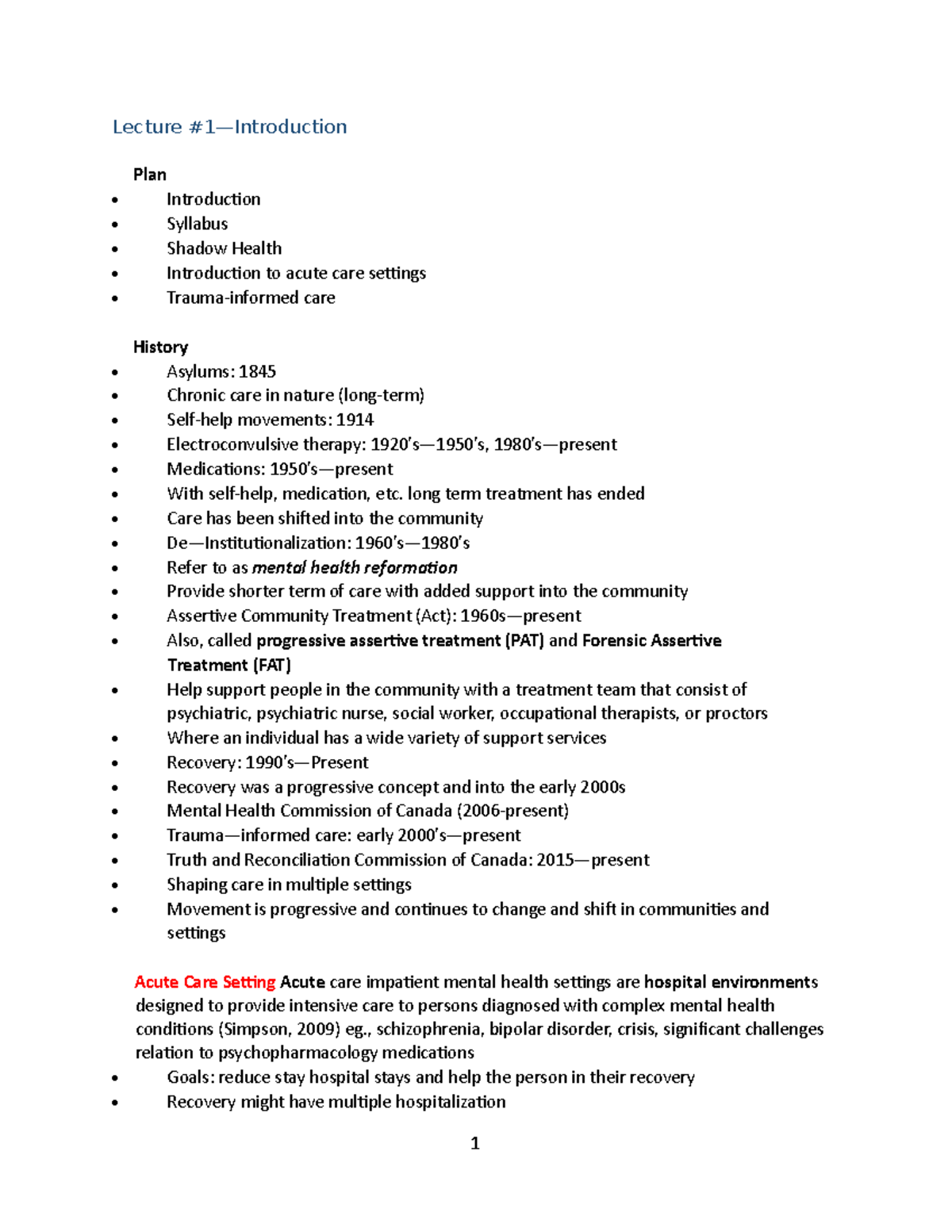 Acute Mental Health Challenages Lecture Notes Lecture 1—Introduction