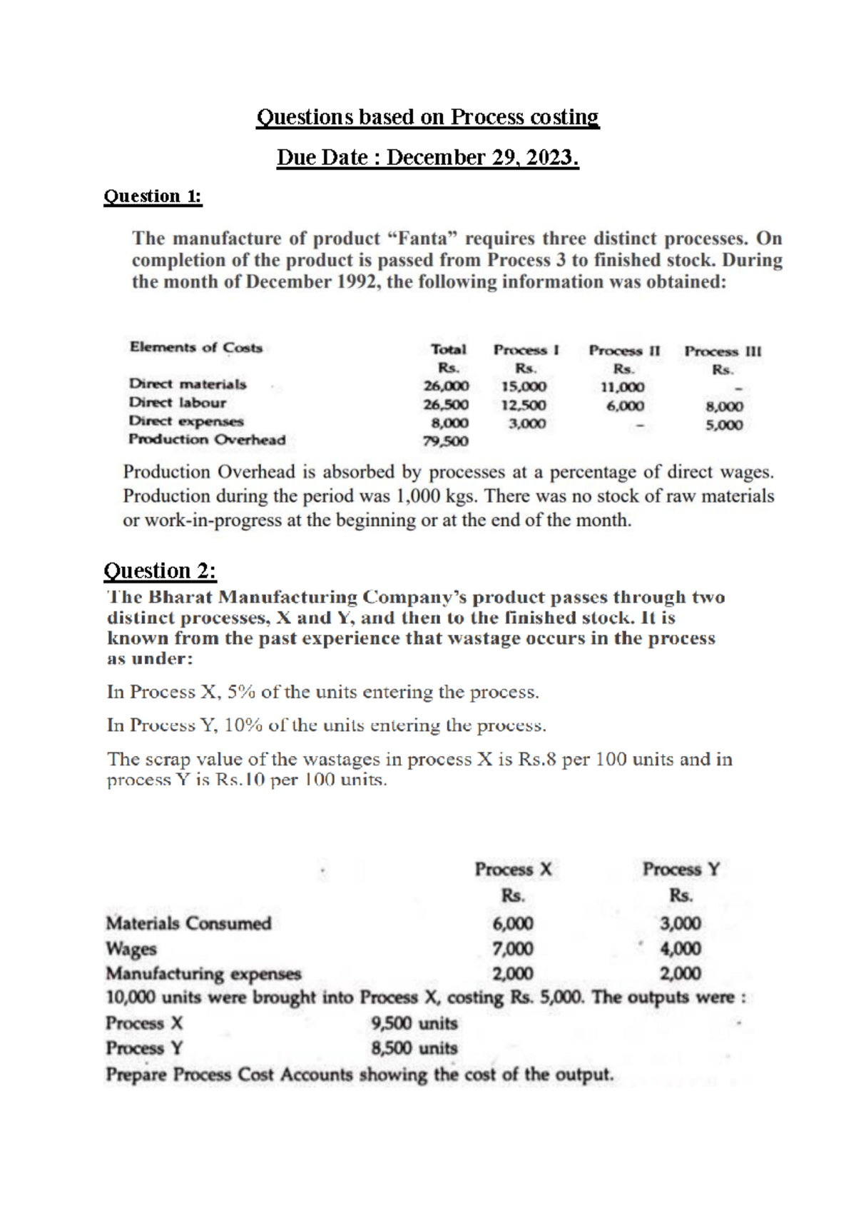 Assignment Process costing - Executive mba - Questions based on Process ...