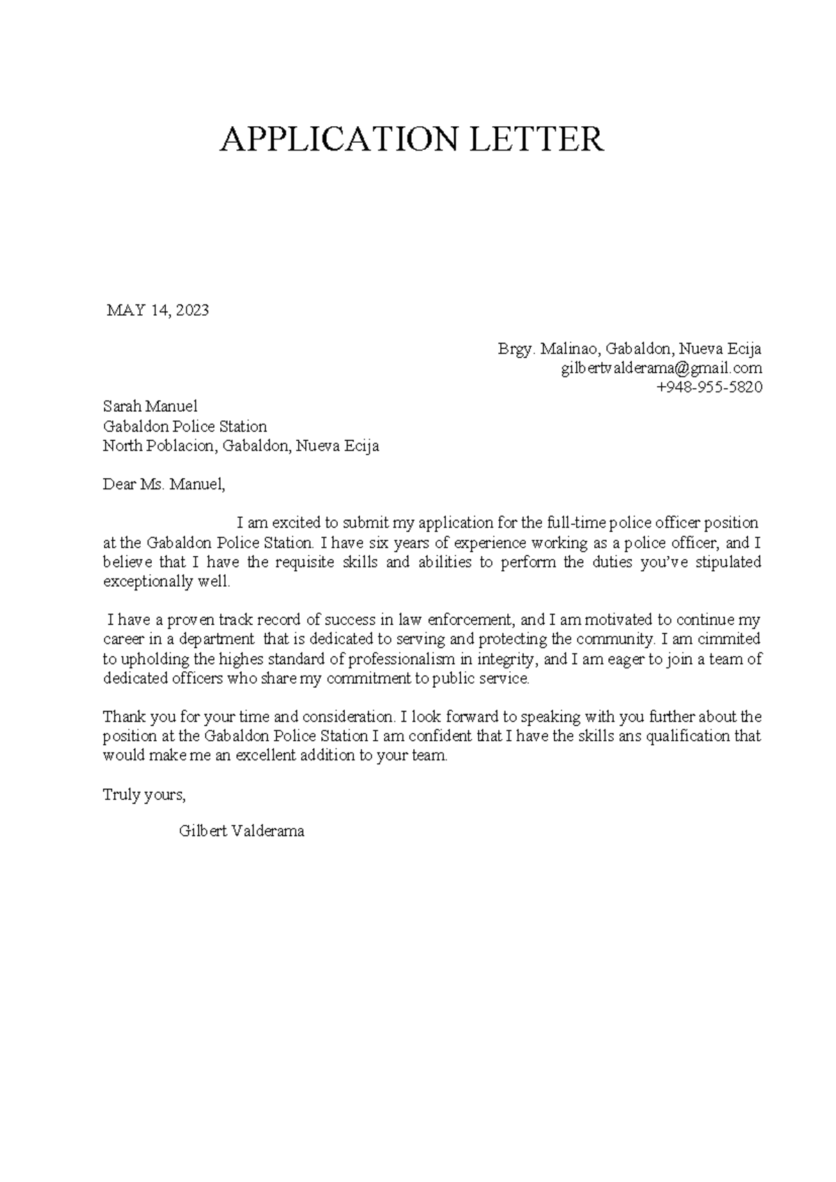Aaplicantion letter - nothing - APPLICATION LETTER MAY 14, 2023 Brgy ...