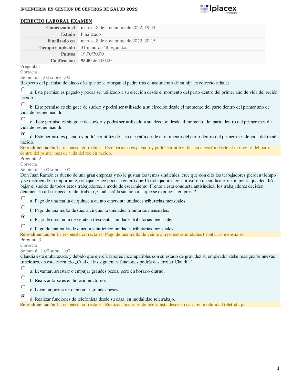 Derecho Laboral Examen - DERECHO LABORAL EXAMEN Comenzado El Martes, 8 De Noviembre De 2022, 19 ...