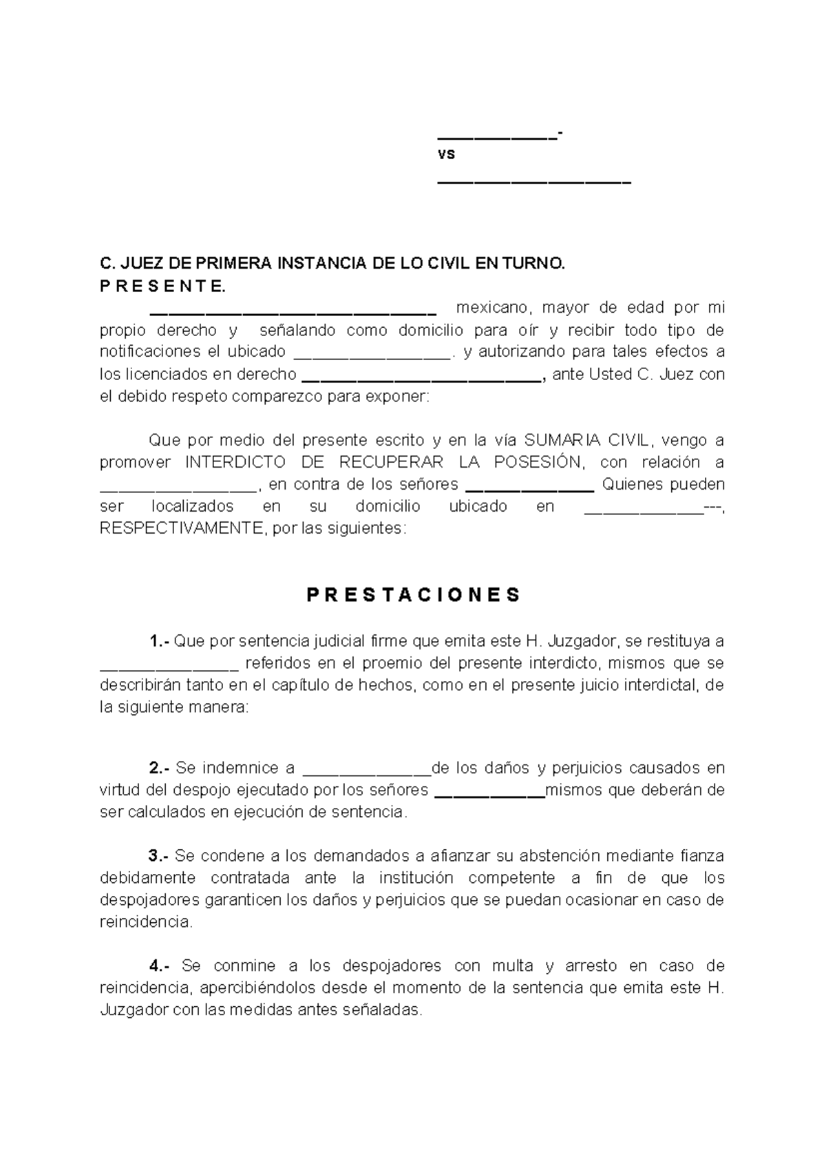 Machote interdicto - _____________- vs _____________________ C. JUEZ DE ...
