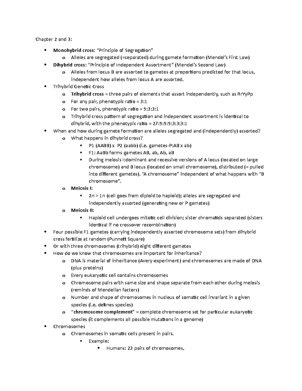 Study Guide Chapters 2 & 3 - Chapter 2 and 3: Monohybrid cross ...