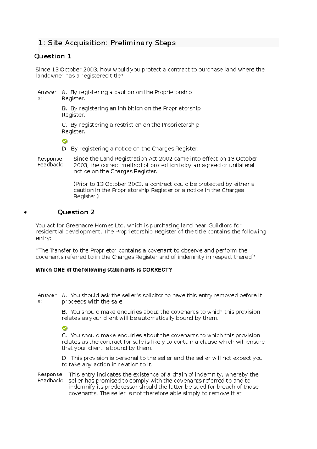 MCQs practice questions advanced real estate 1 Site Acquisition