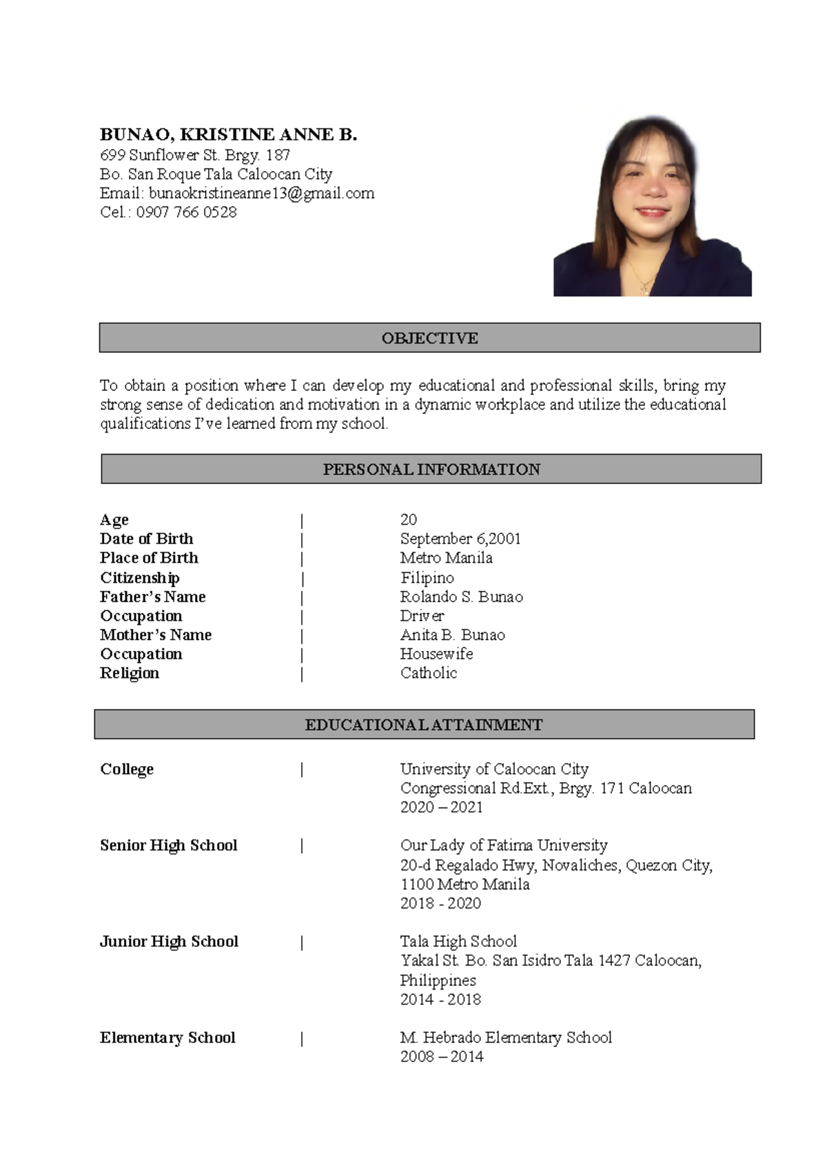 Kristine Anne Bunao Resume - BUNAO, KRISTINE ANNE B. 699 Sunflower St ...