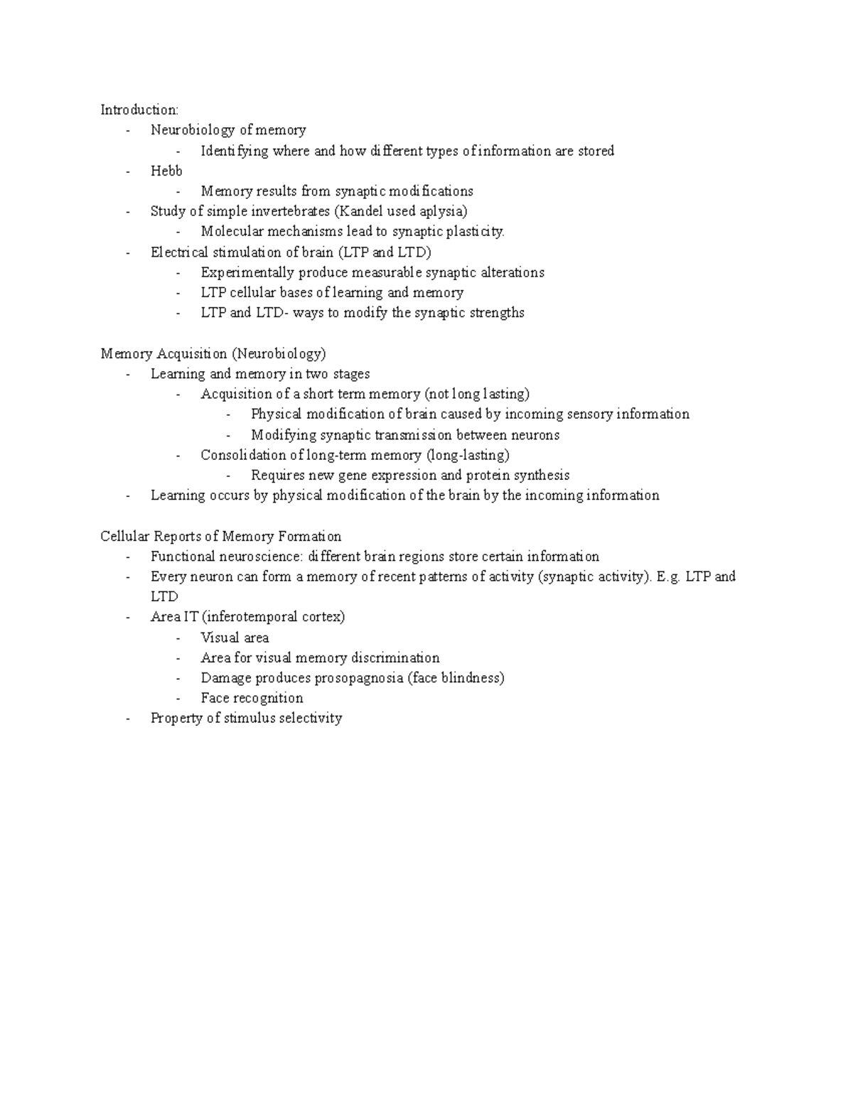 Chapter 25 Neuroscience Notes - Introduction: - Neurobiology of memory ...