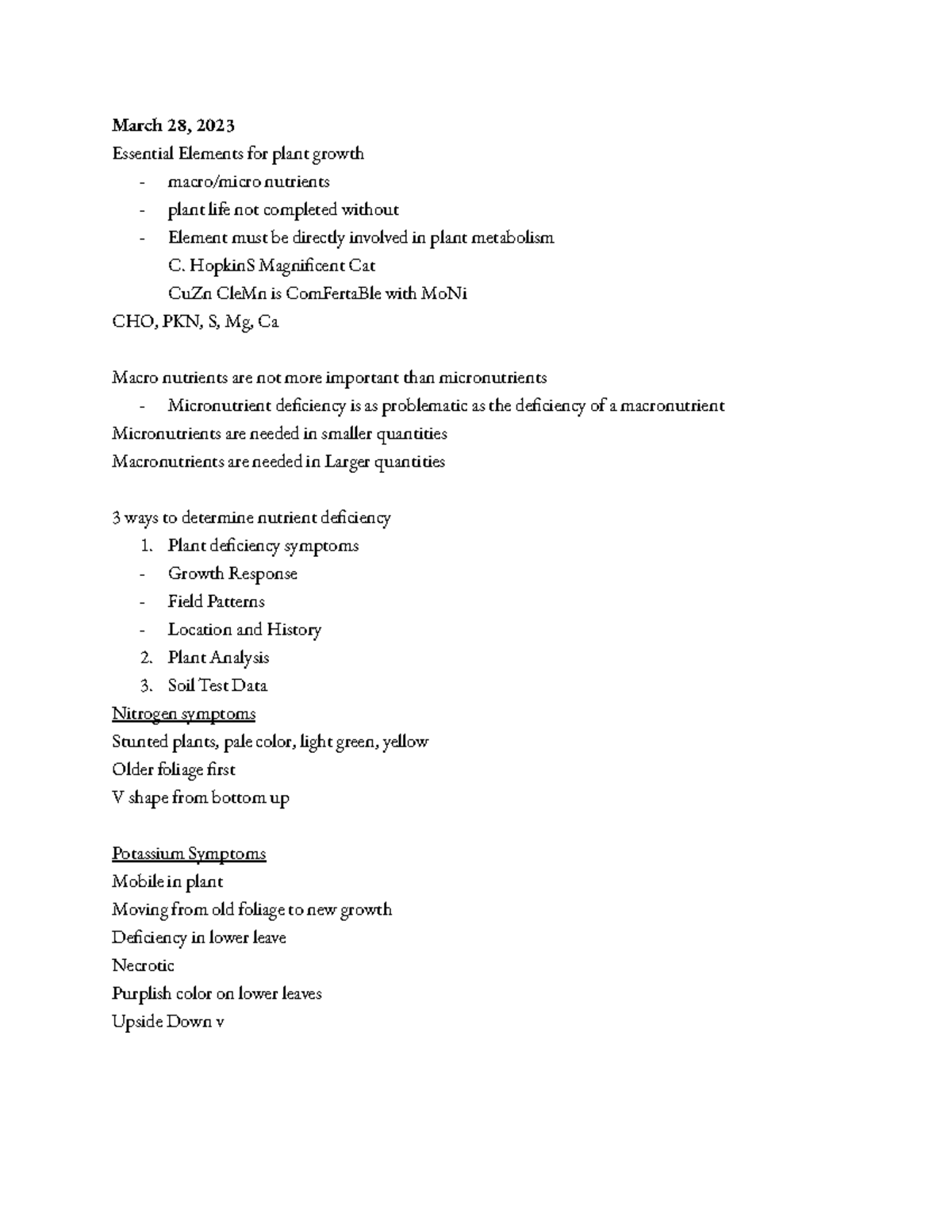 Soils Notes - March 28, 2023 Essential Elements for plant growth ...
