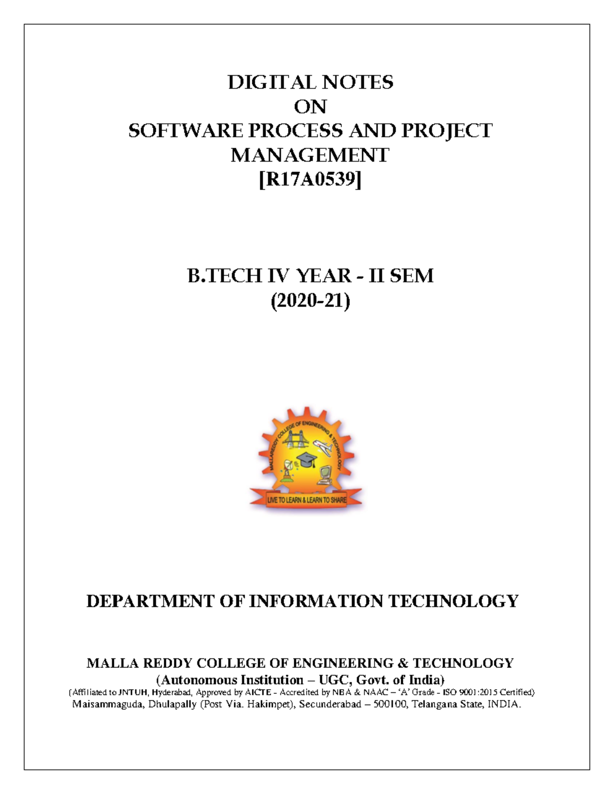 SPPM all - .... - DIGITAL NOTES ON SOFTWARE PROCESS AND PROJECT ...