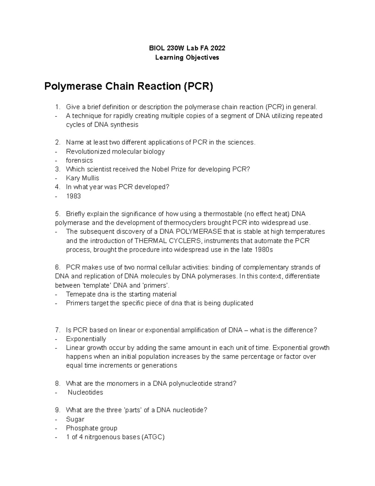 1 Learning Objectives Polymerase Chain Reaction (PCR) Google Docs
