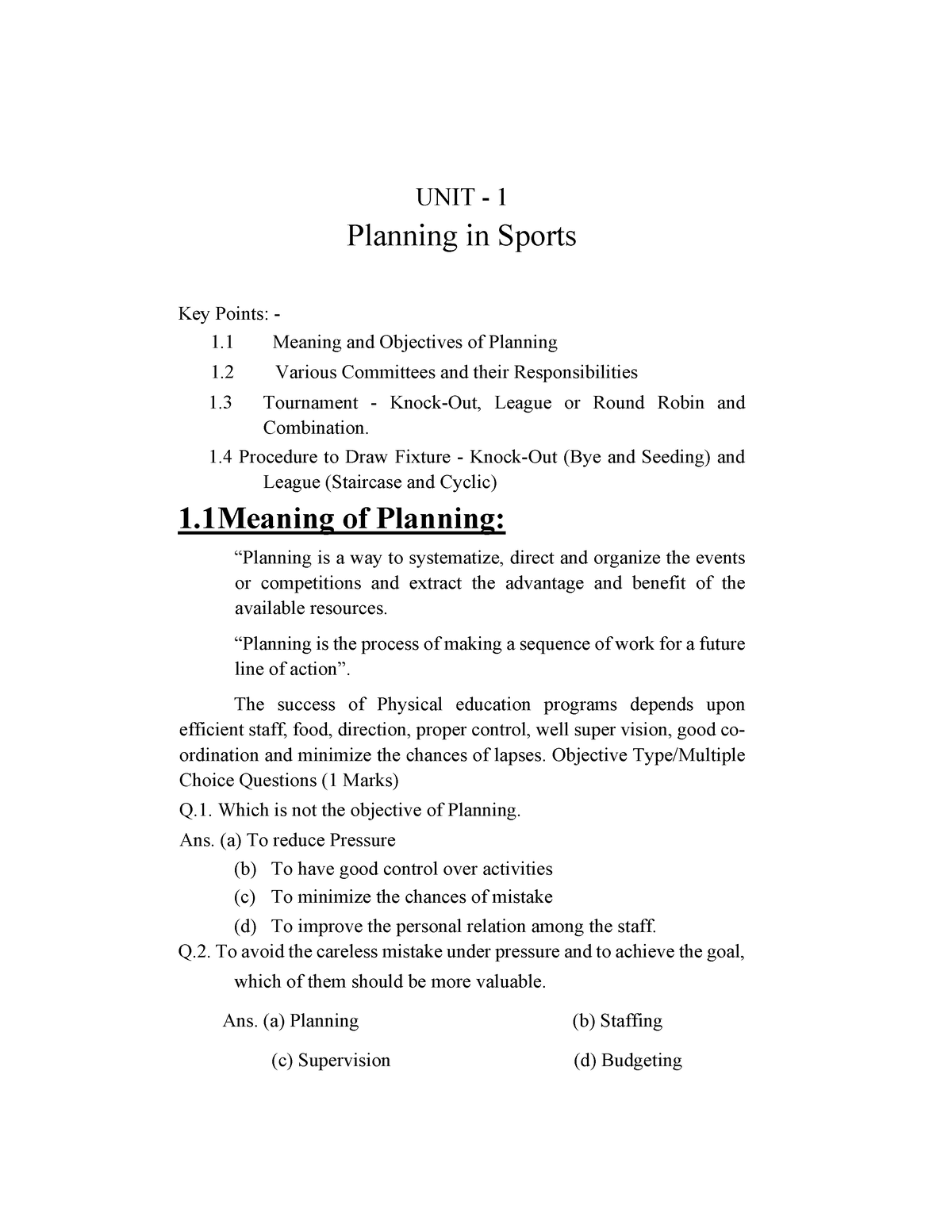 12-PEChapter- (1) Planning In Sports - UNIT - 1 Planning In Sports Key ...