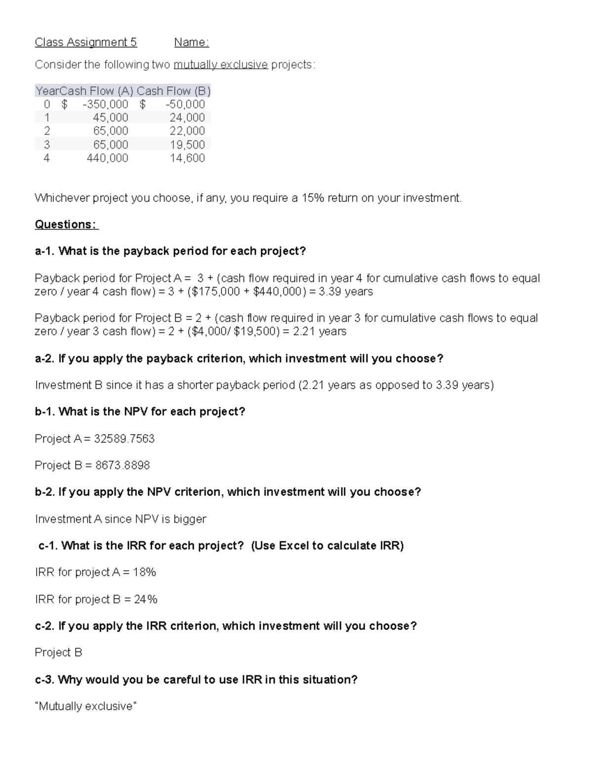 Class Assignment 5 (Week 7) - Invesment criteria-1 - Class Assignment 5 ...