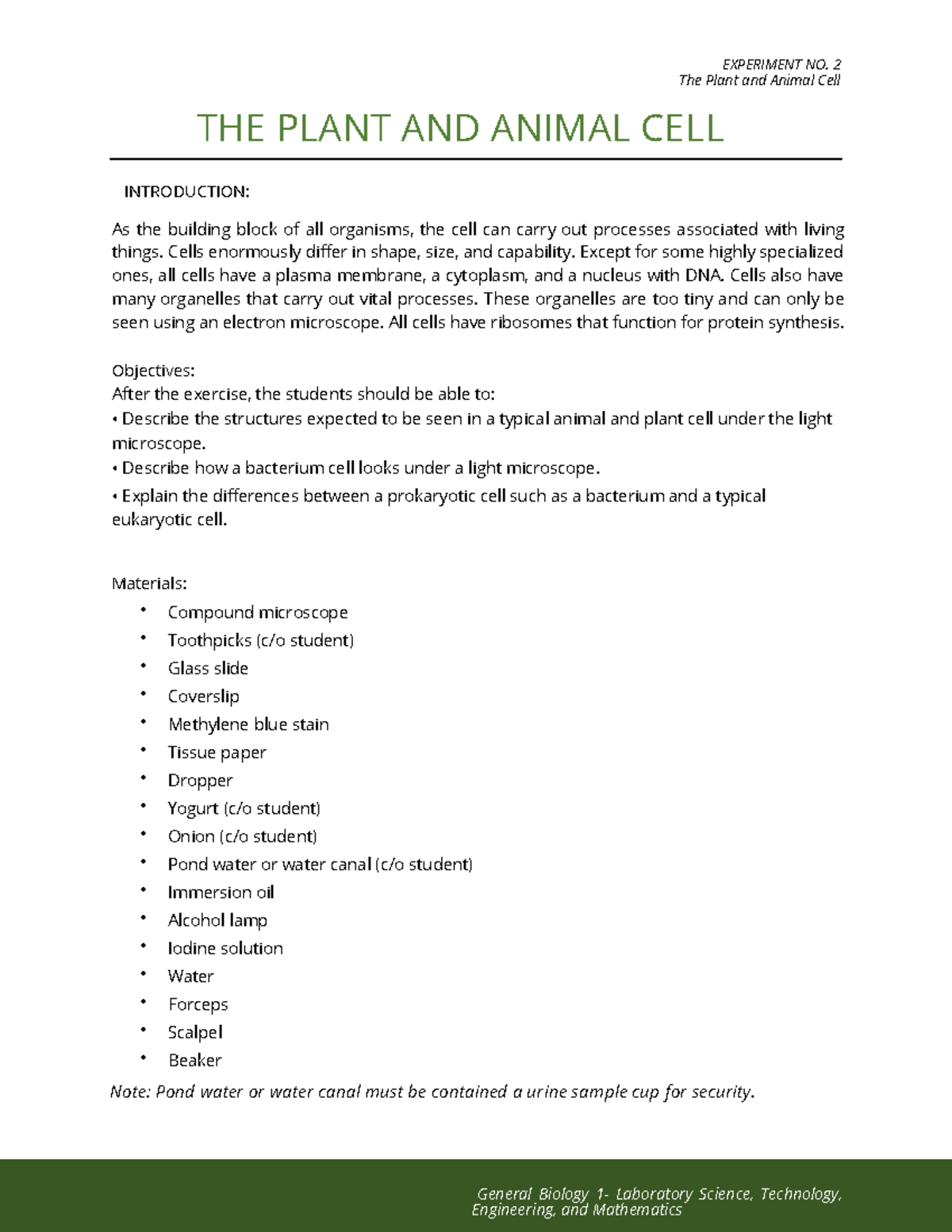 plant cell experiment report