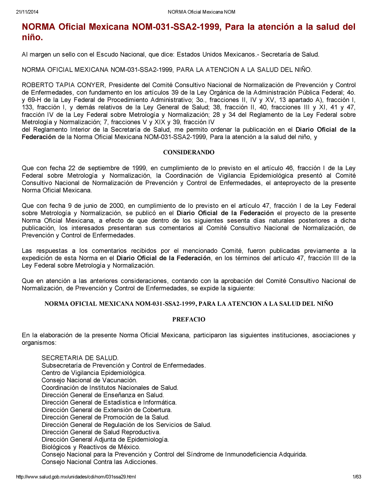 NOM-031 - NORMA 031 - NORMA Oficial Mexicana NOM­031­SSA2­1999, Para La ...