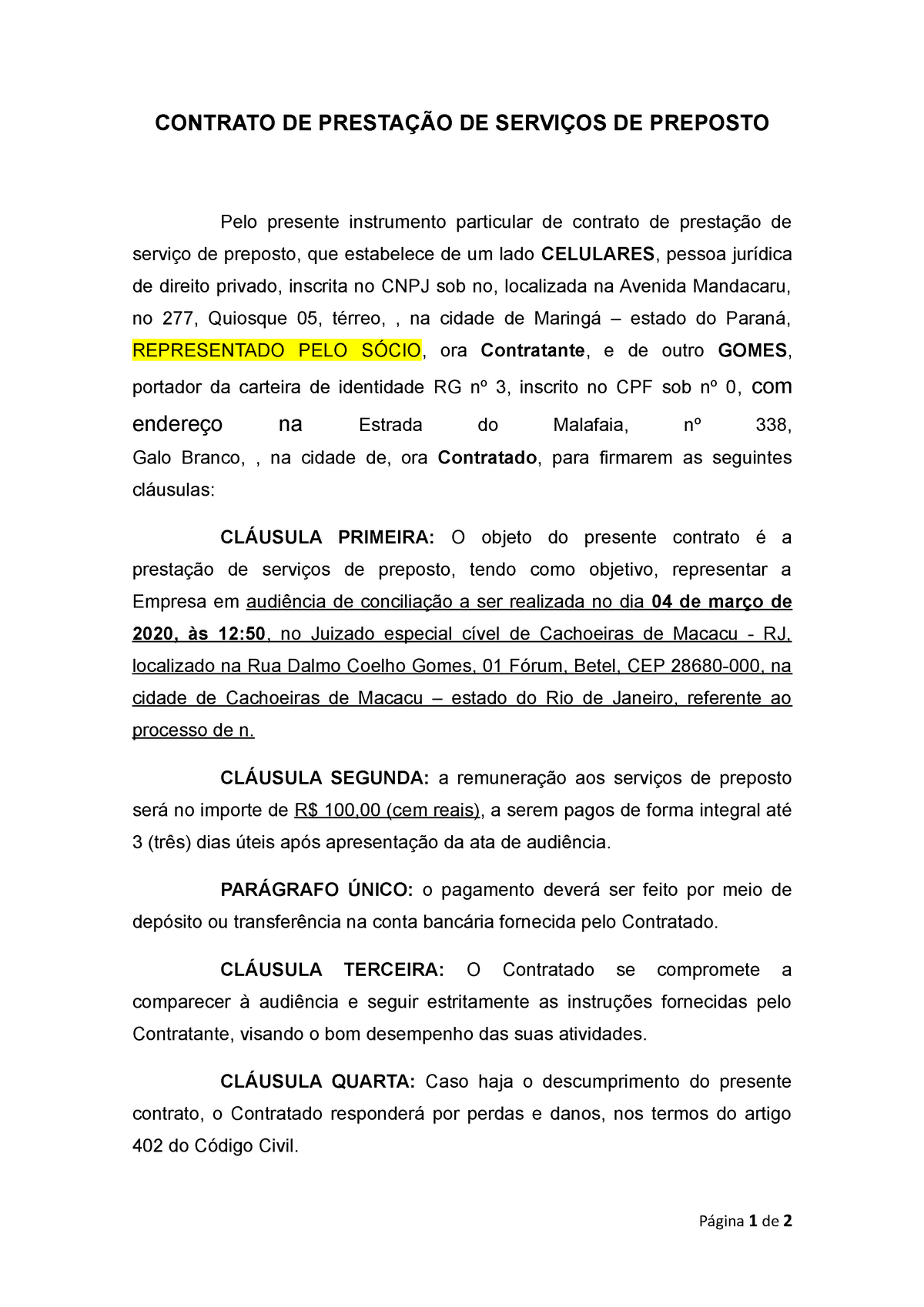 Elaboraçao De Contrato De Preposto Audiencia Simulada Contrato De PrestaÇÃo De ServiÇos De 5375