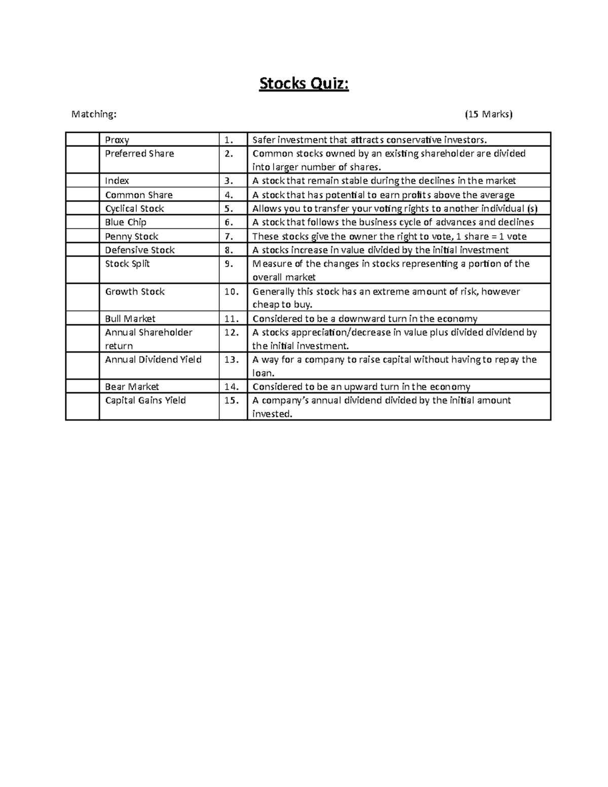 Stocks quiz Stocks Quiz Matching (15 Marks) Proxy 1. Safer