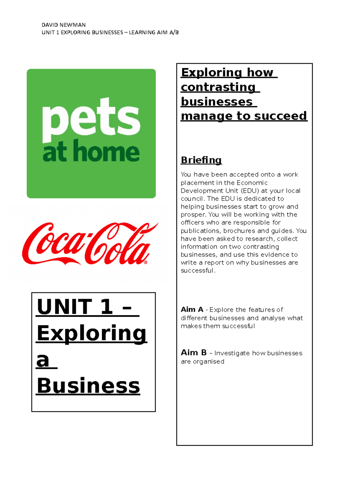 Business Coursework Unit 1 Aim A And B - UNIT 1 EXPLORING BUSINESSES ...