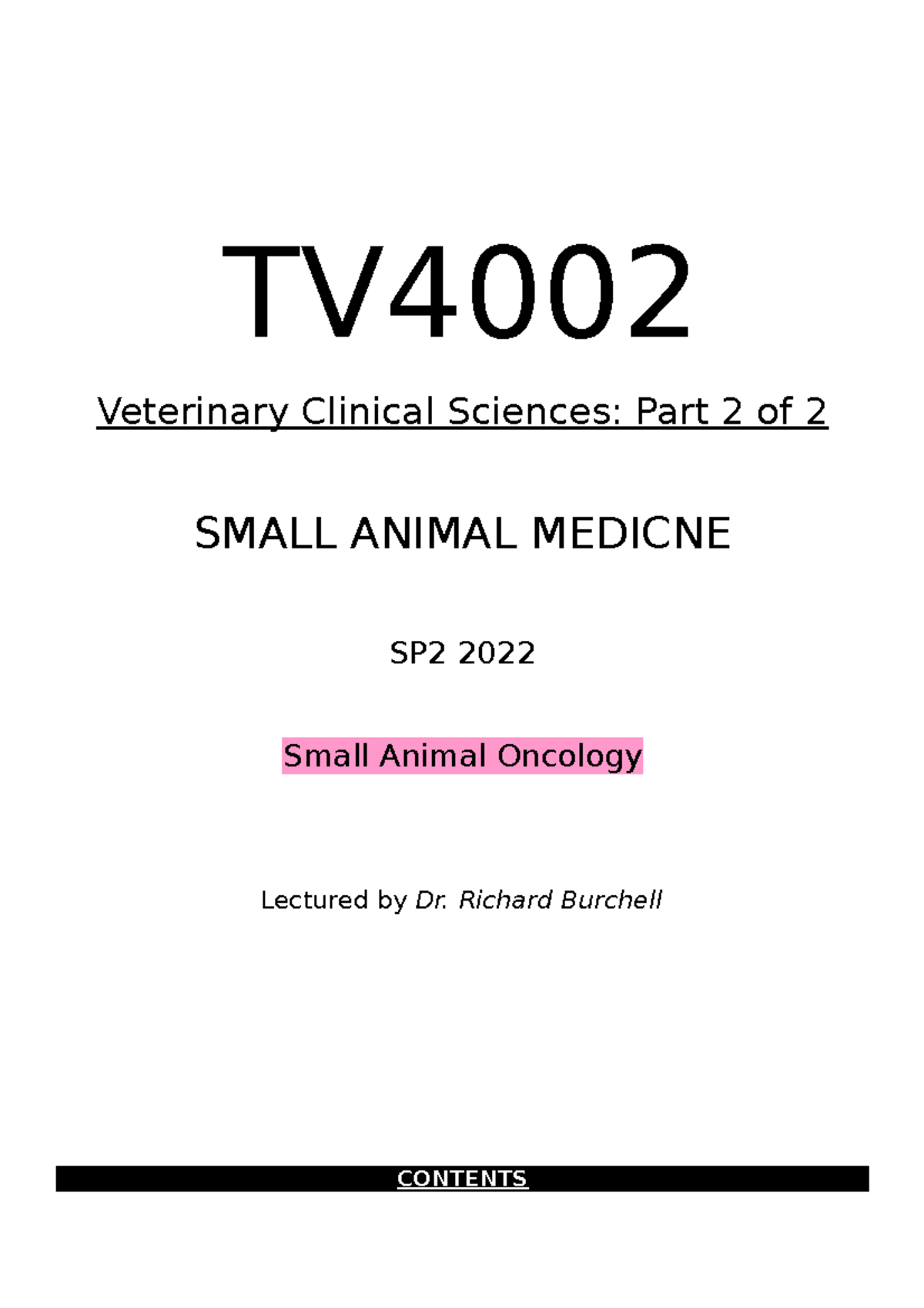 Small Animal Oncology Revision Notes TV Veterinary Clinical