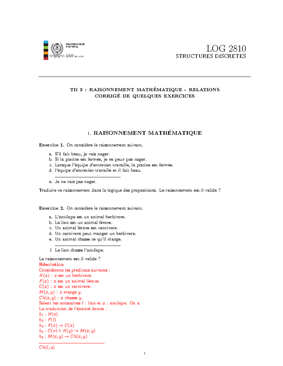 TD3Log2810 Corrige - LOG 2810 STRUCTURES DISCRETES TD 3 : RAISONNEMENT ...