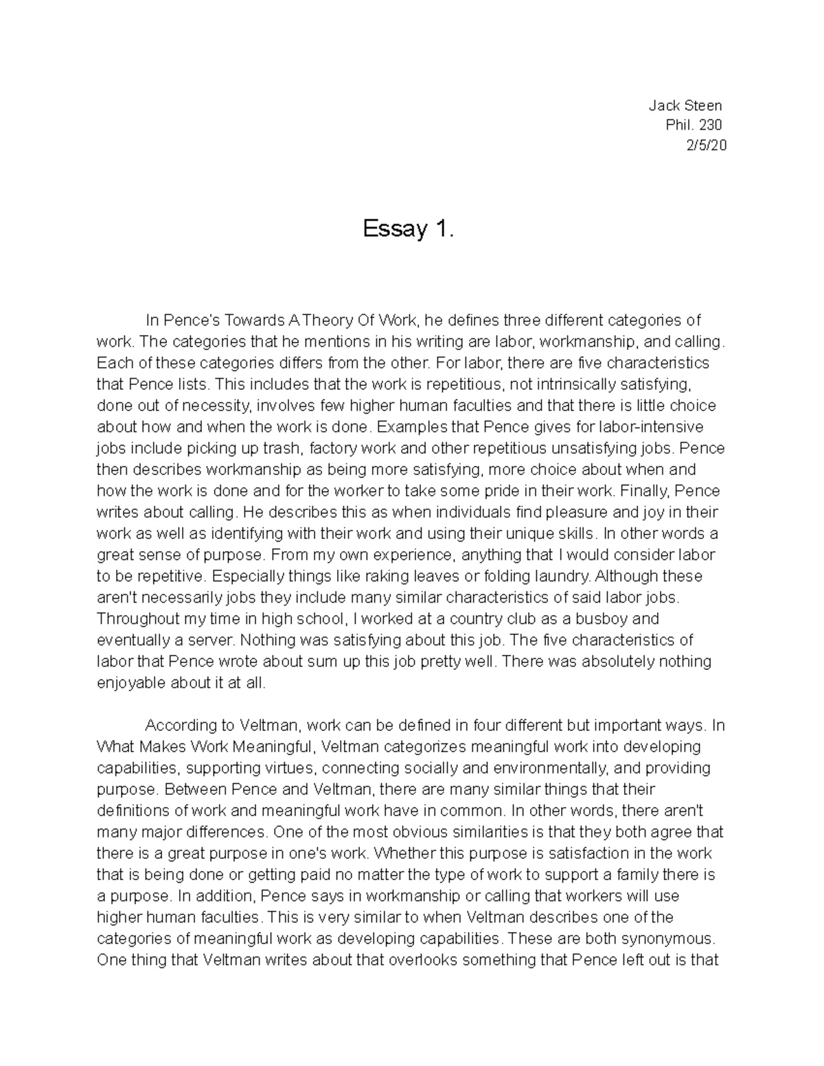 Philosophy Essay 1 - Jack Steen Phil. 230 2 5  Essay 1. In Pence’s 