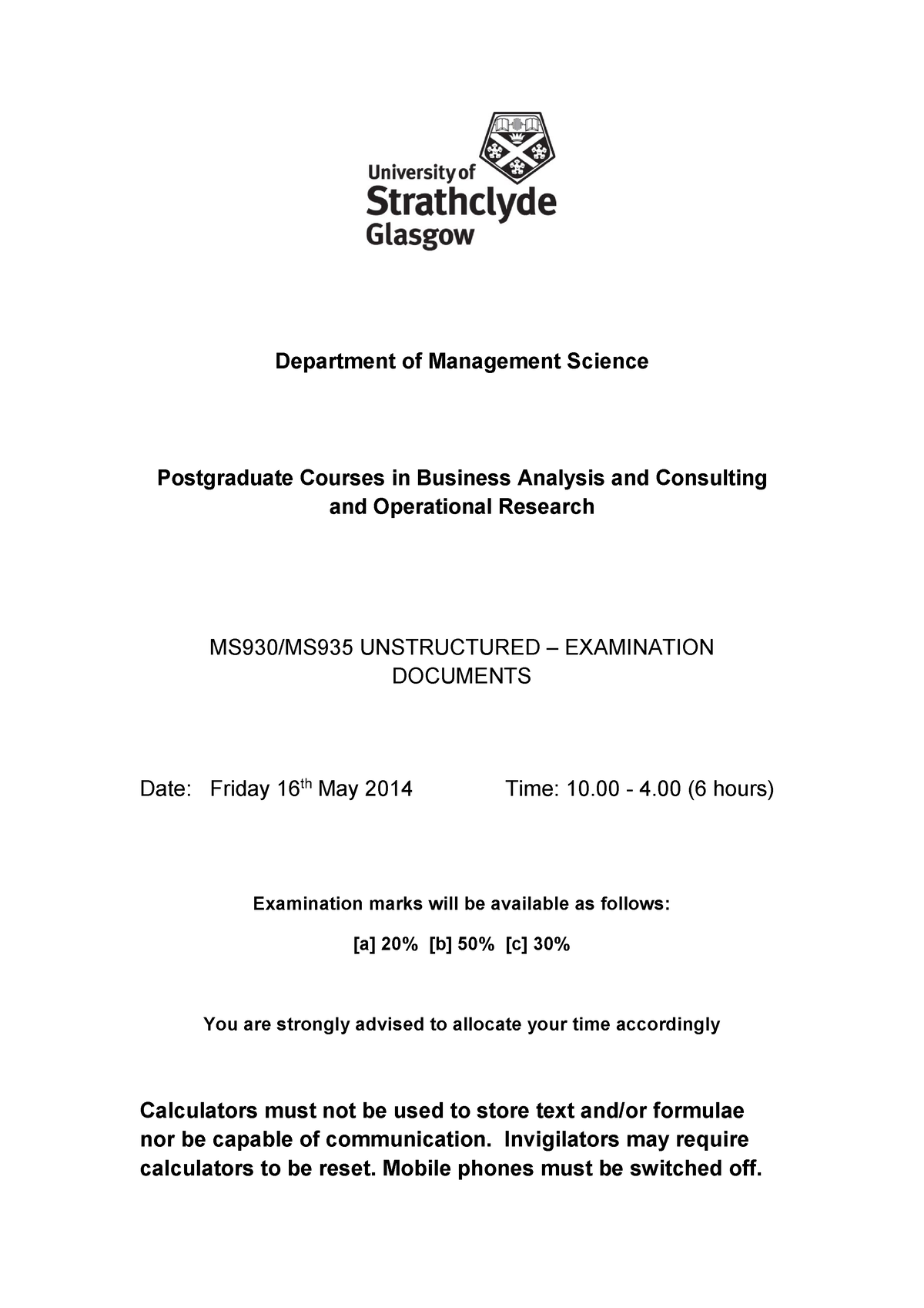 Mock Exam Paper-2014 - Department Of Management Science Postgraduate ...