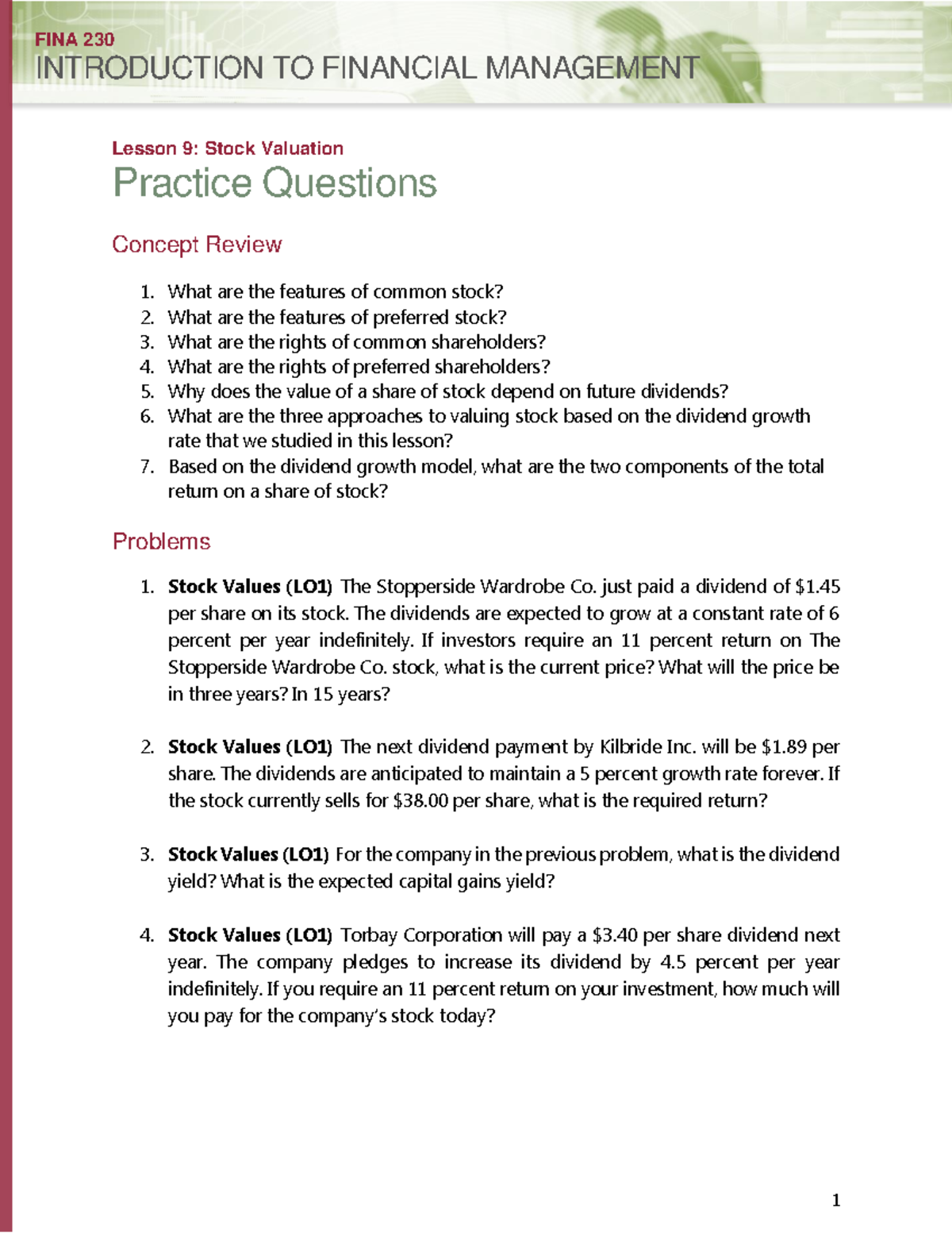 FINA230 Lesson 9 Practice Questions - FINA 230 INTRODUCTION TO ...