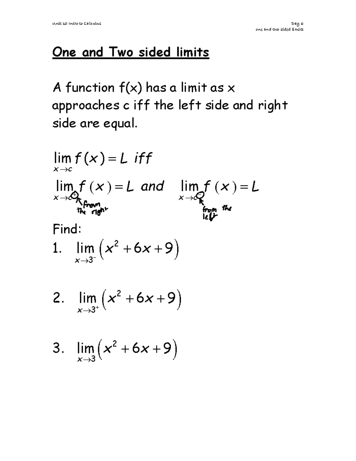 Emily Parini - day 6 one and two sided limits - Unit 10 Intro to ...