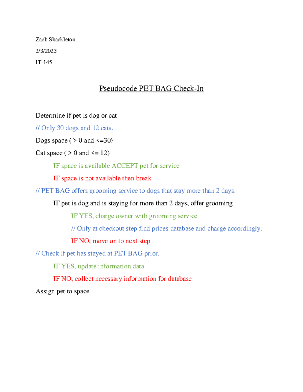 Pseudocode Pet BAG Pcode Zach Shackleton 3/3/ IT Pseudocode PET