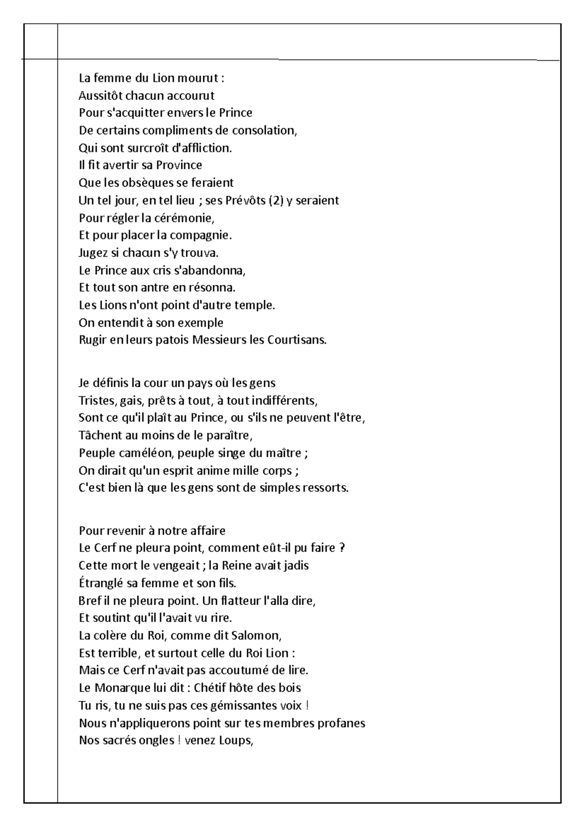 Texte les obseques de la lionne - La femme du Lion mourut : Aussitôt ...