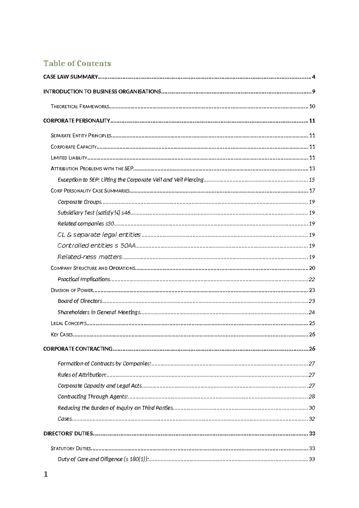 Full Revision Final Exam Notes for Corporation Law - Table of Contents ...