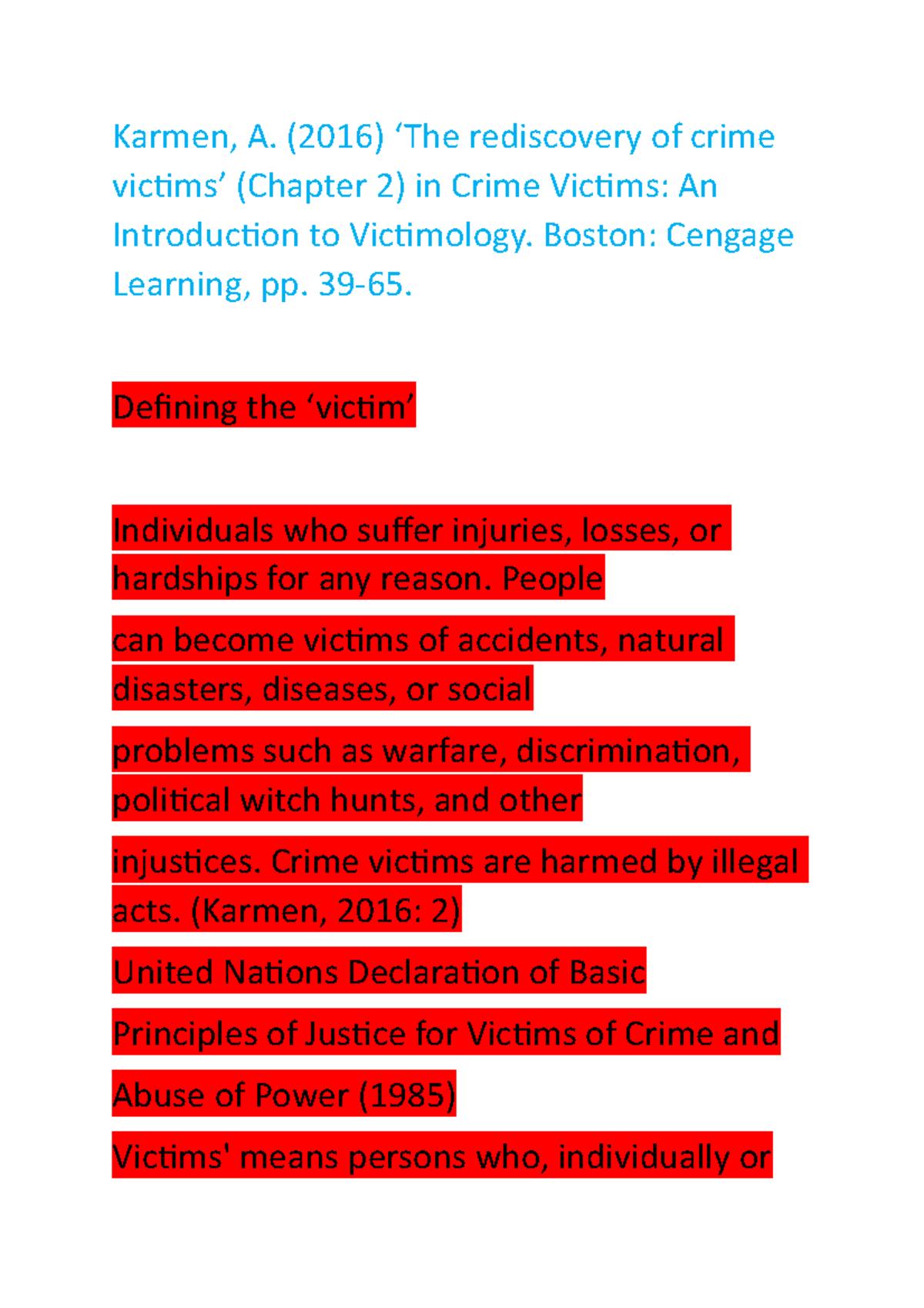 Victimology - Lecture notes Term Two Week Ten - Karmen, A. (2016) ‘The ...