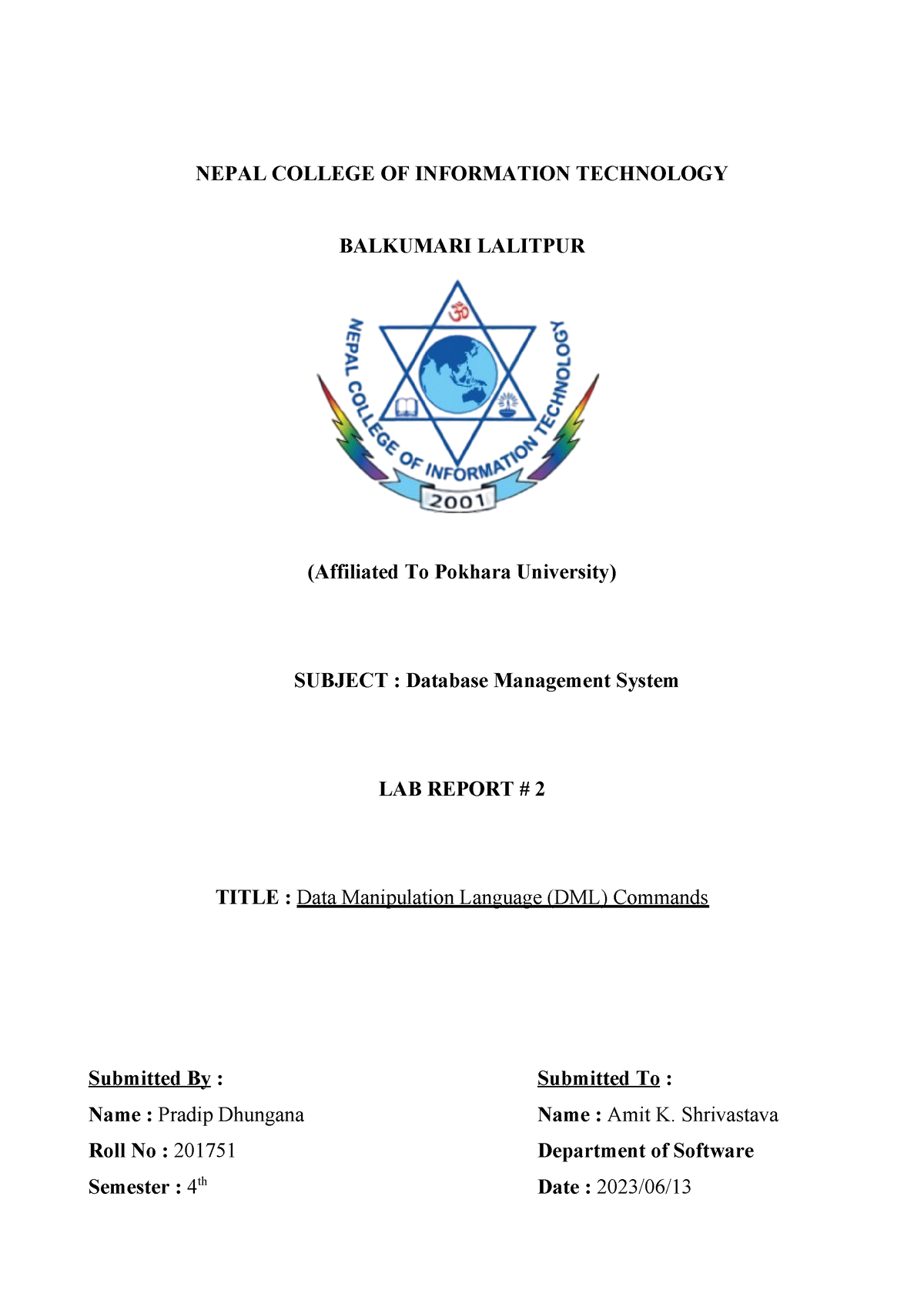 Lab2 - lab work of dbms - NEPAL COLLEGE OF INFORMATION TECHNOLOGY ...