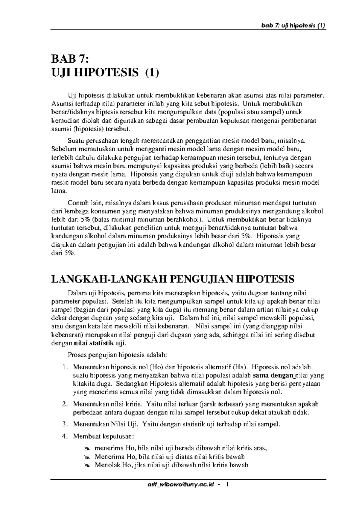 Statistics+07 - statistik - BAB 7: UJI HIPOTESIS (1) Uji hipotesis ...