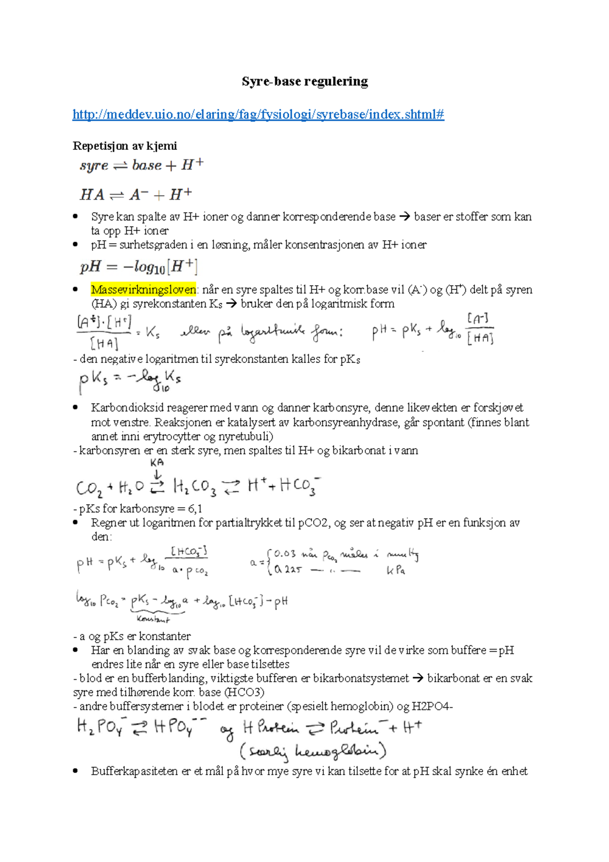 Syre-base Regulering - Fra Forelesning Om Fysiologi - Syre-base ...