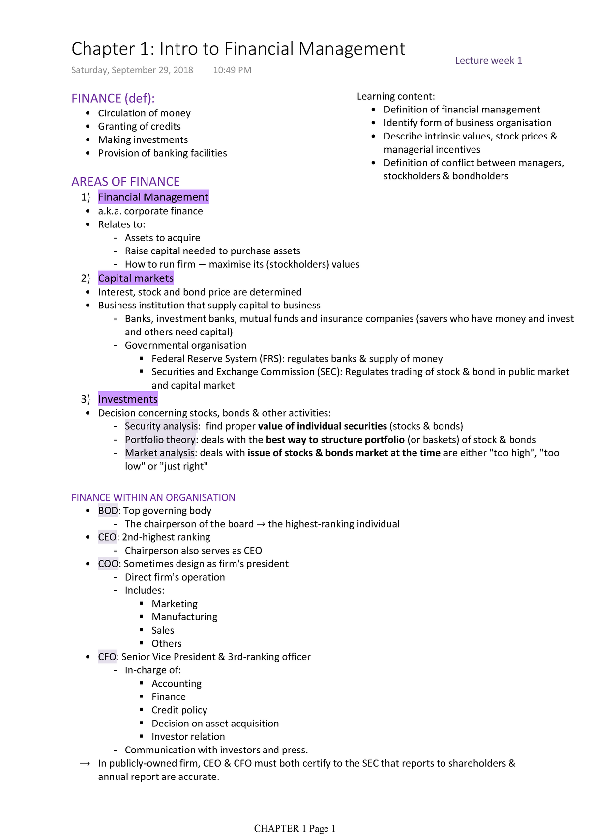 Overview Of Financial Management Studocu