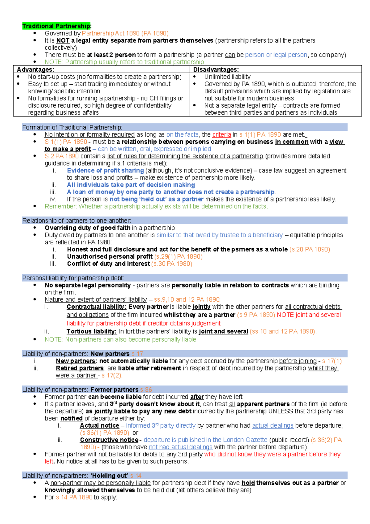 Partnership (Summary notes) - Traditional Partnership: Governed by ...