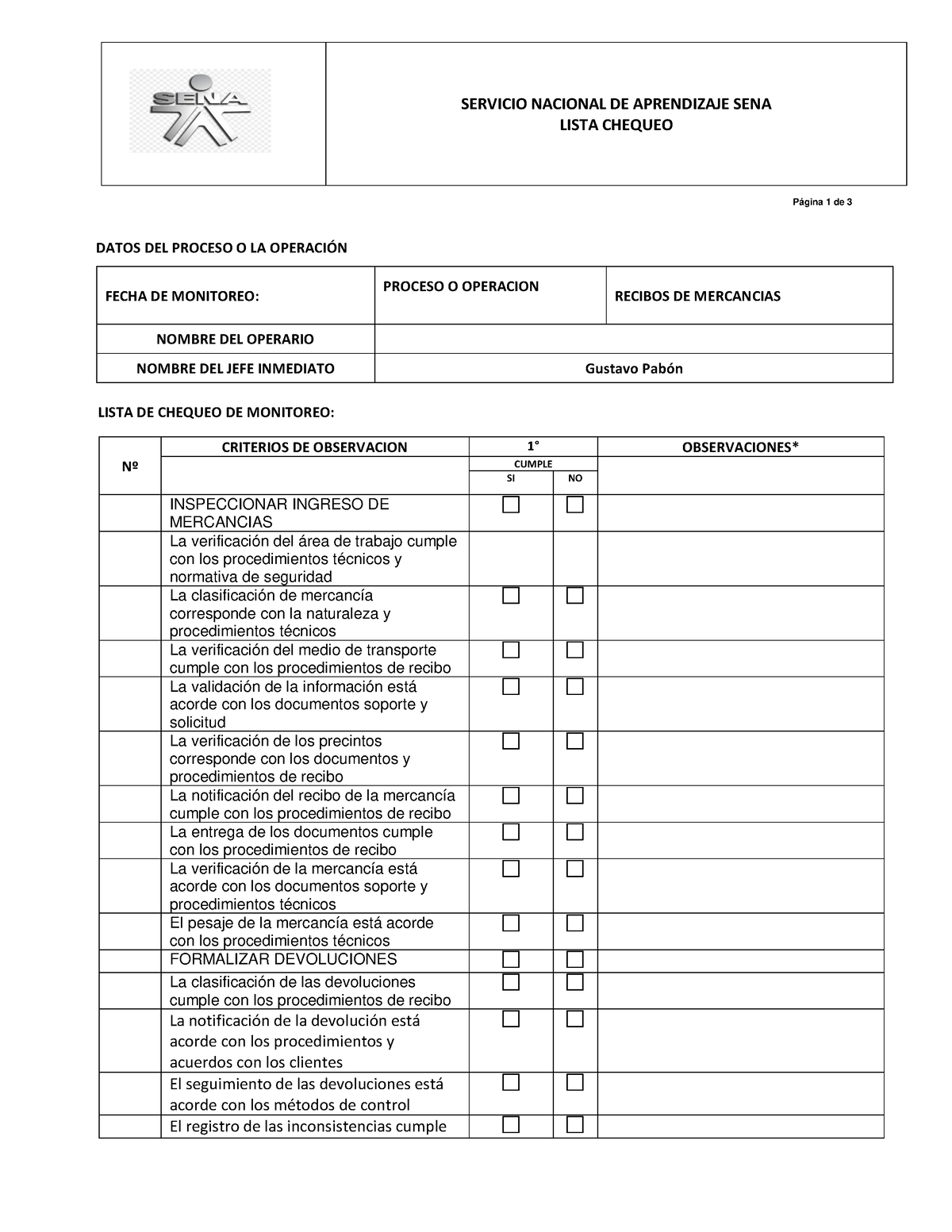 Lista De Chequeo Recibo De Mercancía Servicio Nacional De Aprendizaje