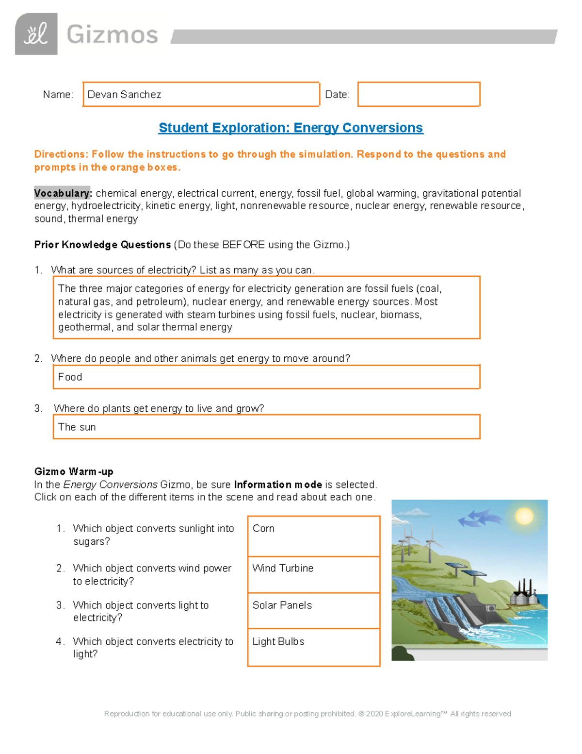 Energy Conversions SE - Gizmo - Name: Devan Sanchez Date: Student ...