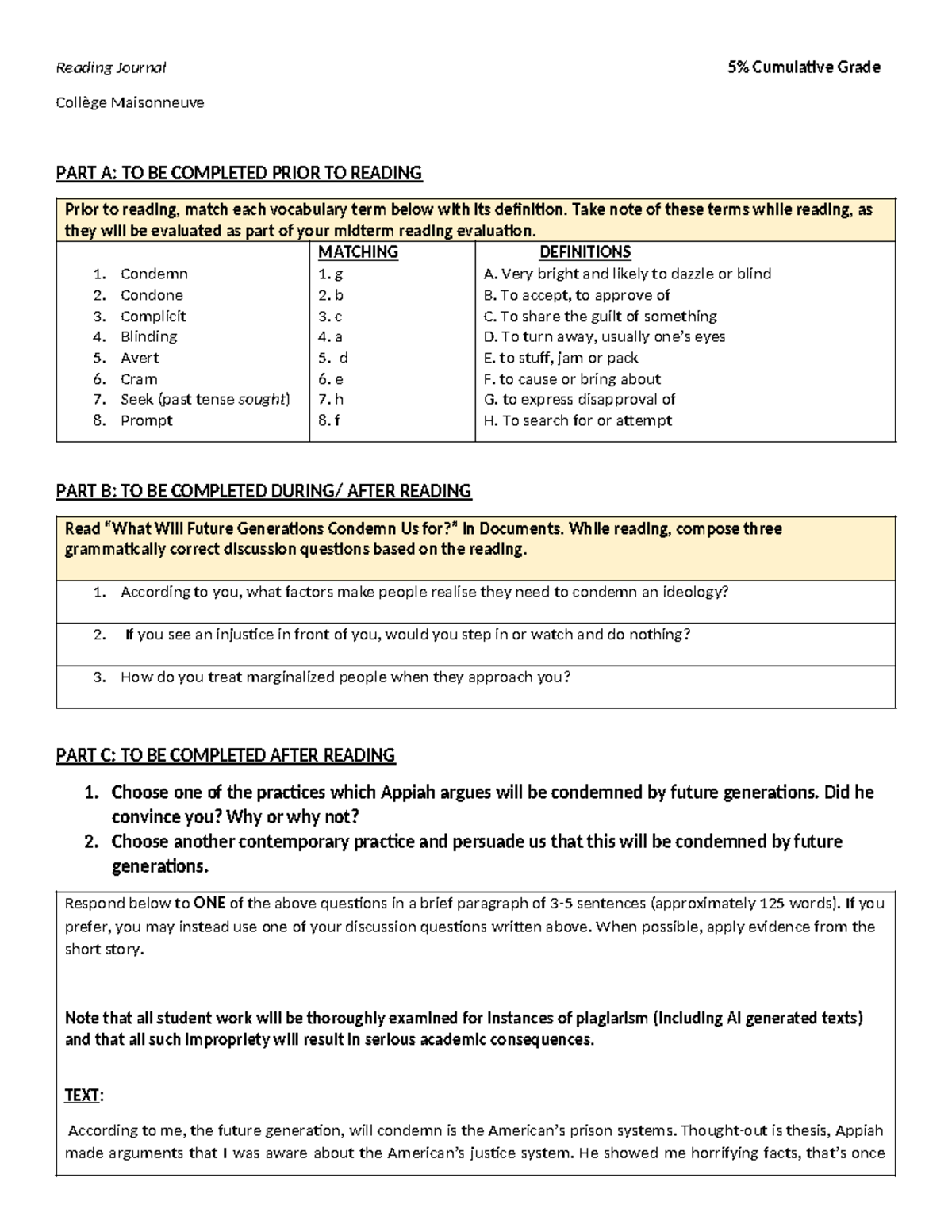Reading journal 6 - Reading Journal 5% Cumulative Grade Collège ...