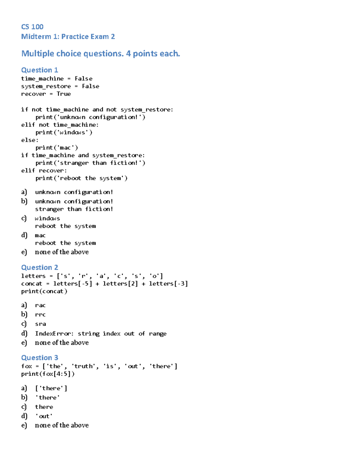 Midterm 1 Pe2 - CS 100 Midterm 1: Practice Exam 2 Multiple Choice ...