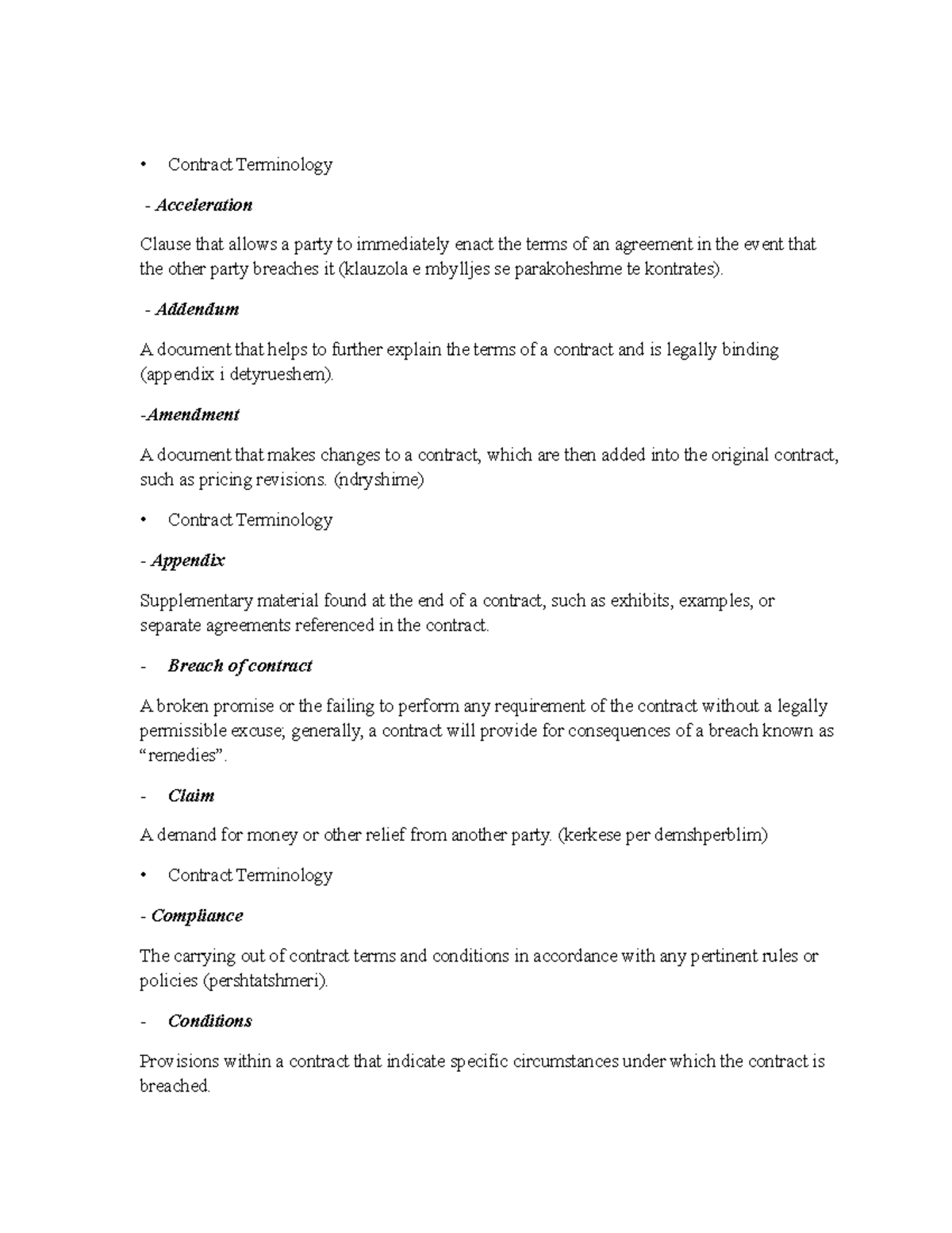 Contracts - Law - Contract Terminology Acceleration Clause that allows ...