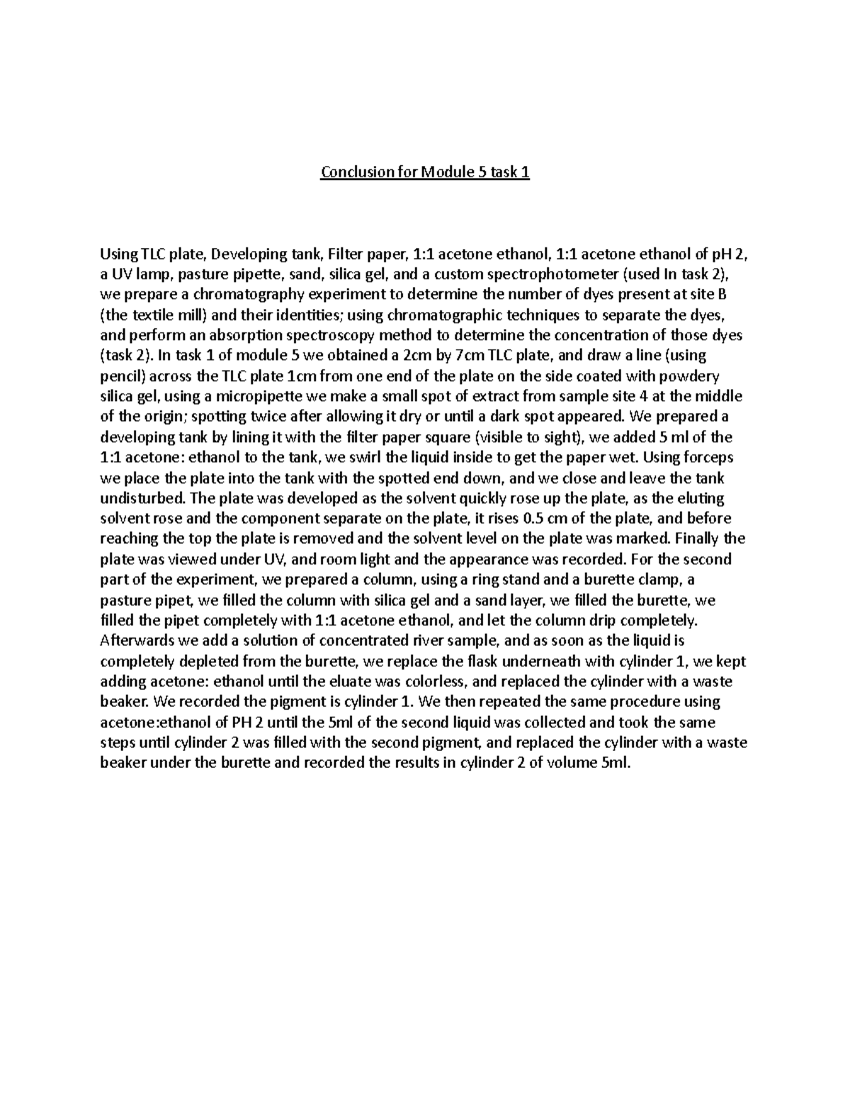 Chromatography task conclusion' Conclusion for Module 5 task 1 Using