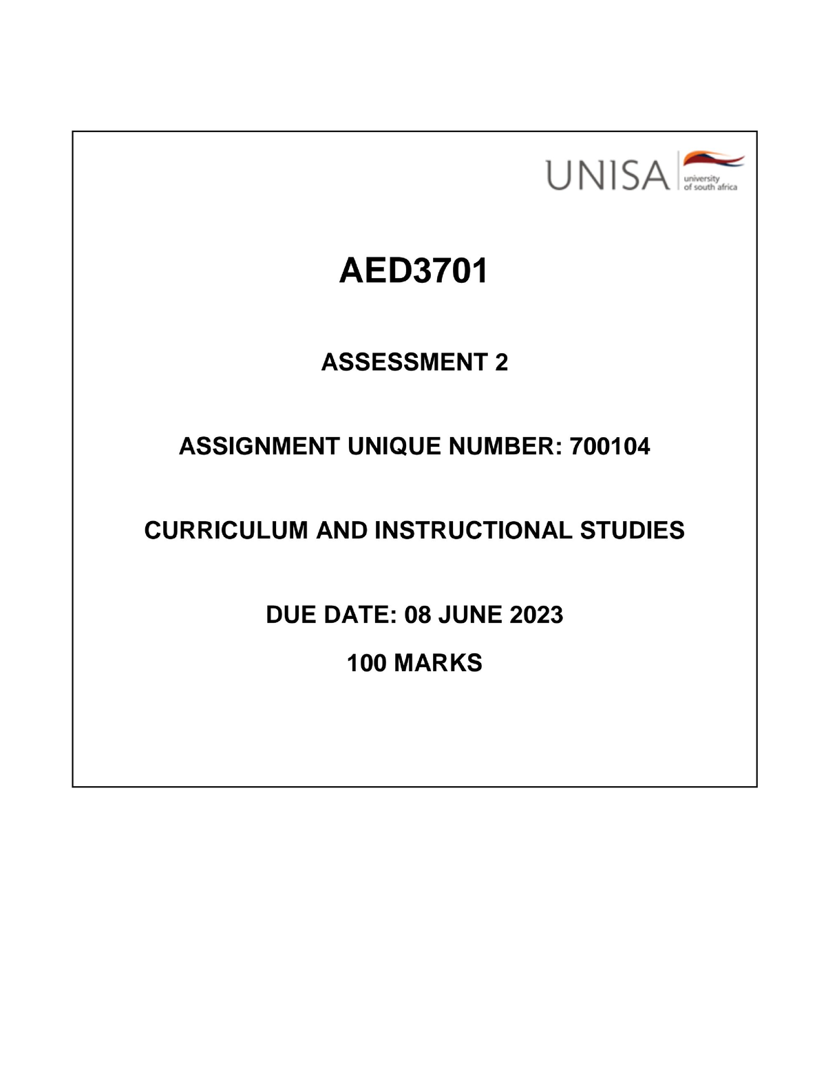 AED3701 Assessment 2 (2023) - Aed3701 - Studocu