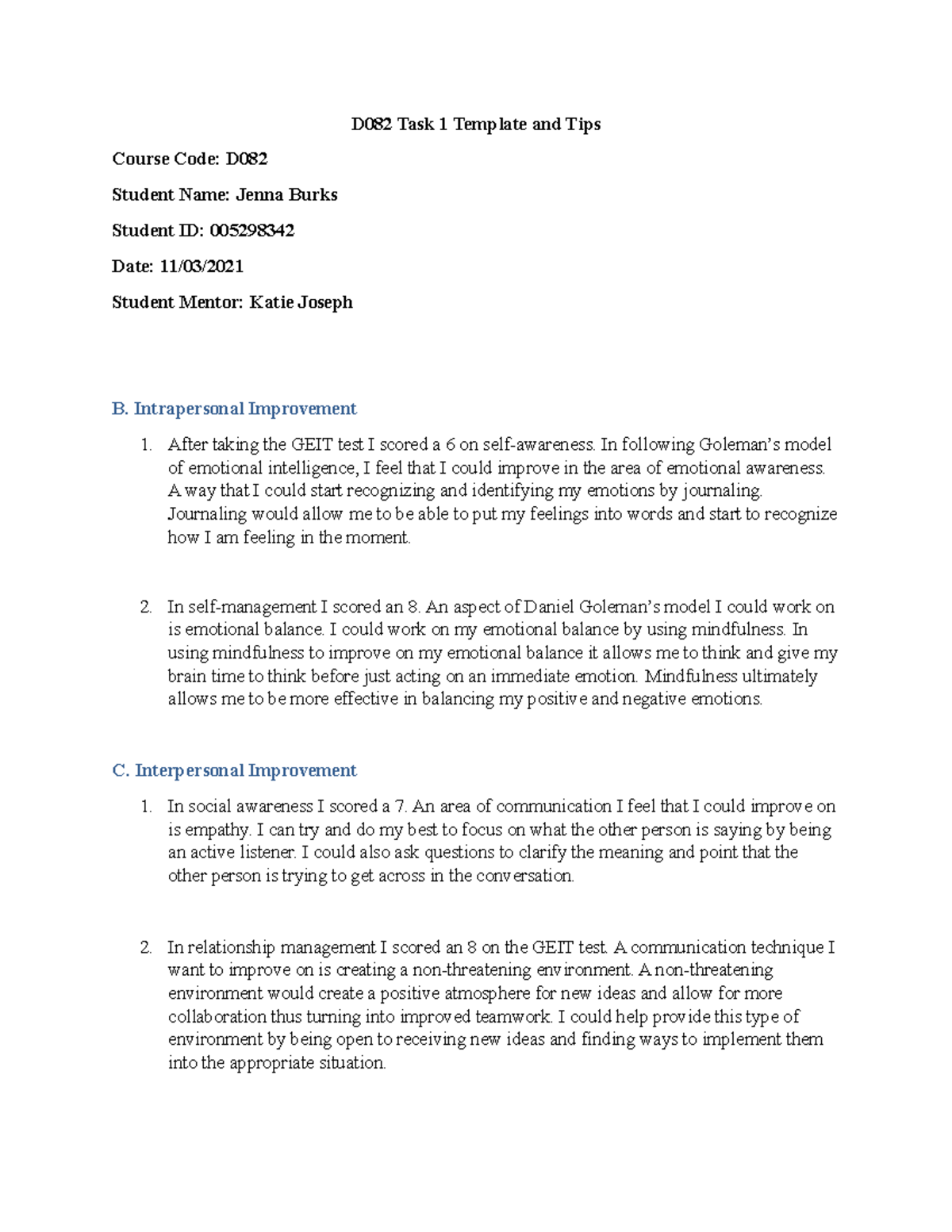 D082 Task 1 Emotional Intelligence Paper - D082 Task 1 Template and ...