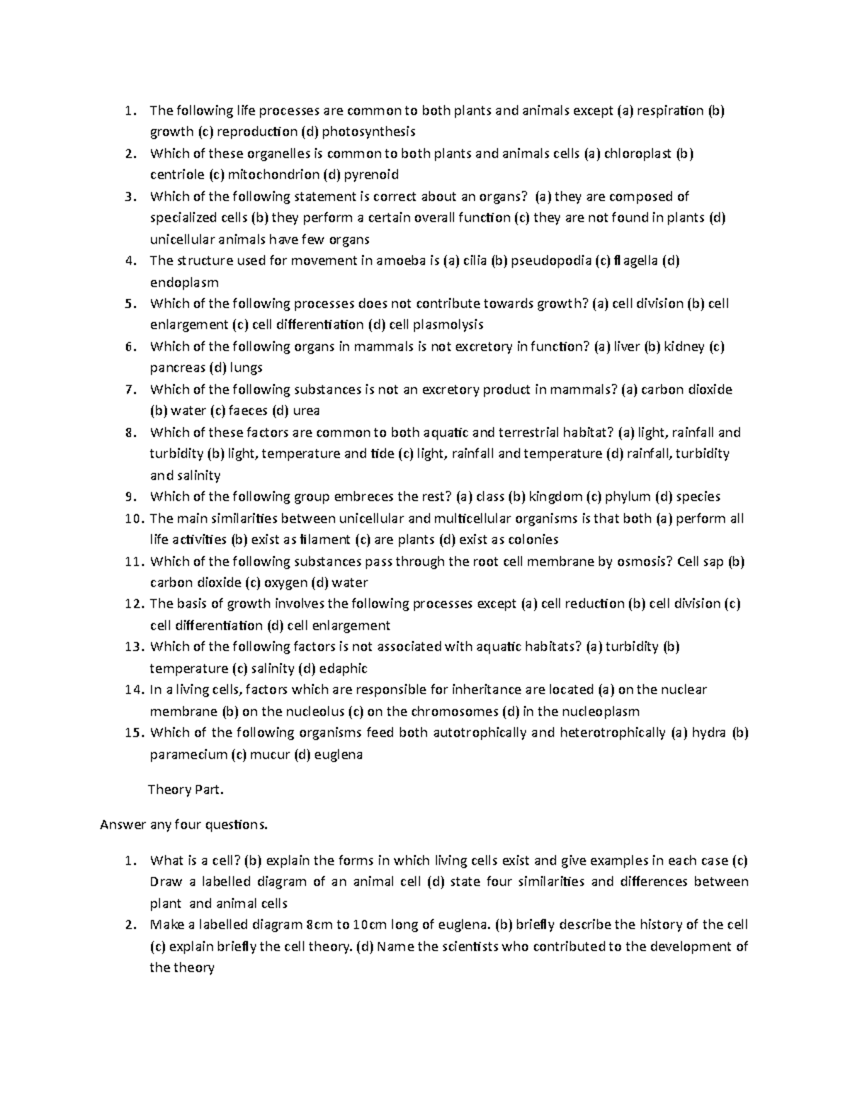 Biology SS1 first semester exam year 2019 The following life