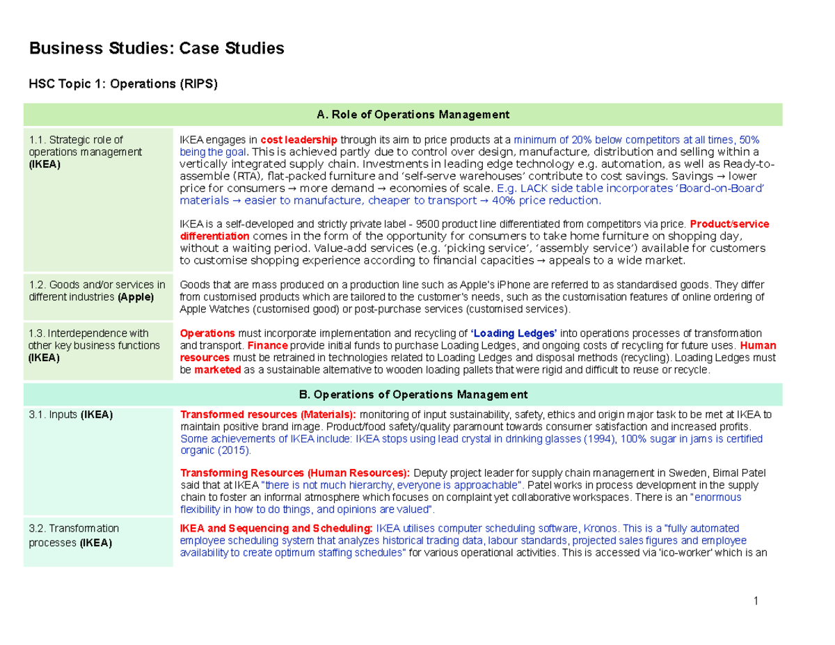 Business Studies Case Studies - HSC Topic 1: Operations (RIPS) A. Role ...