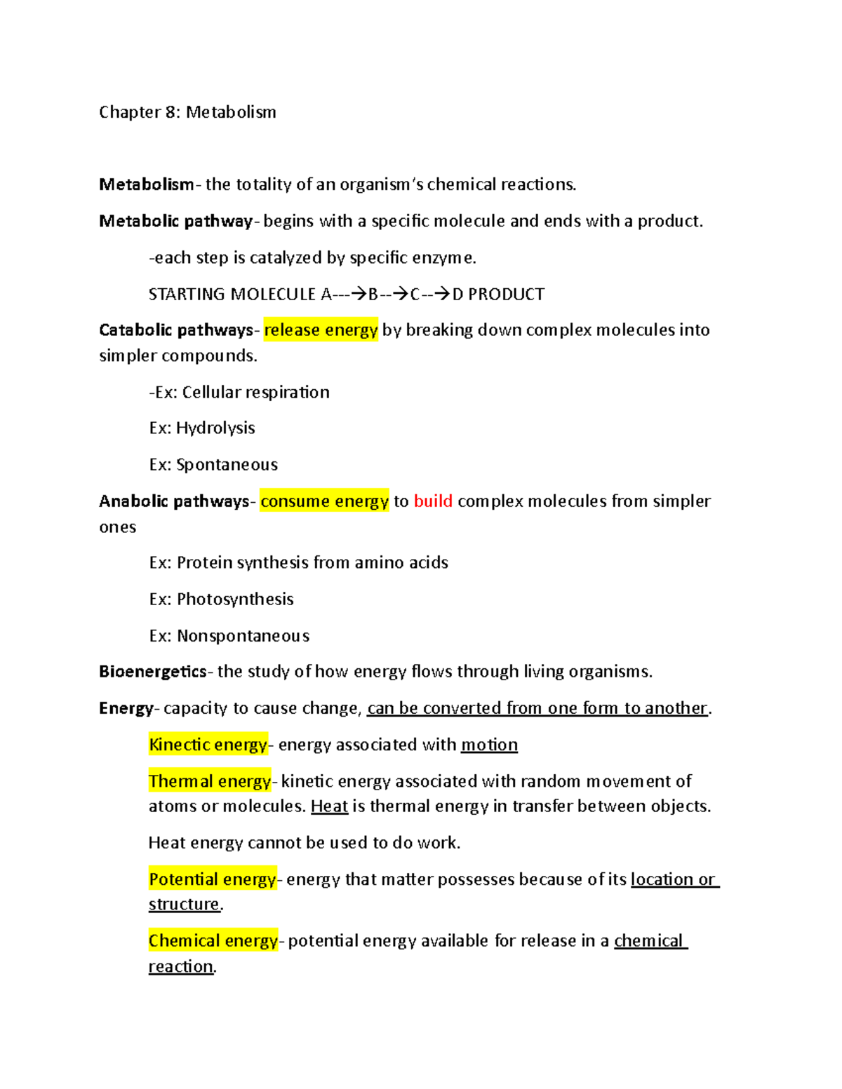 Chapter 8 notes - Professor Stephanie Abboud - Chapter 8: Metabolism ...